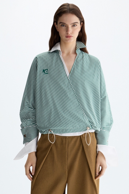 STRIPED POPLIN COCOON-FIT WRAP SHIRT