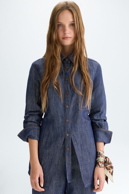 DENIM-EFFECT LINEN FITTED SHIRT