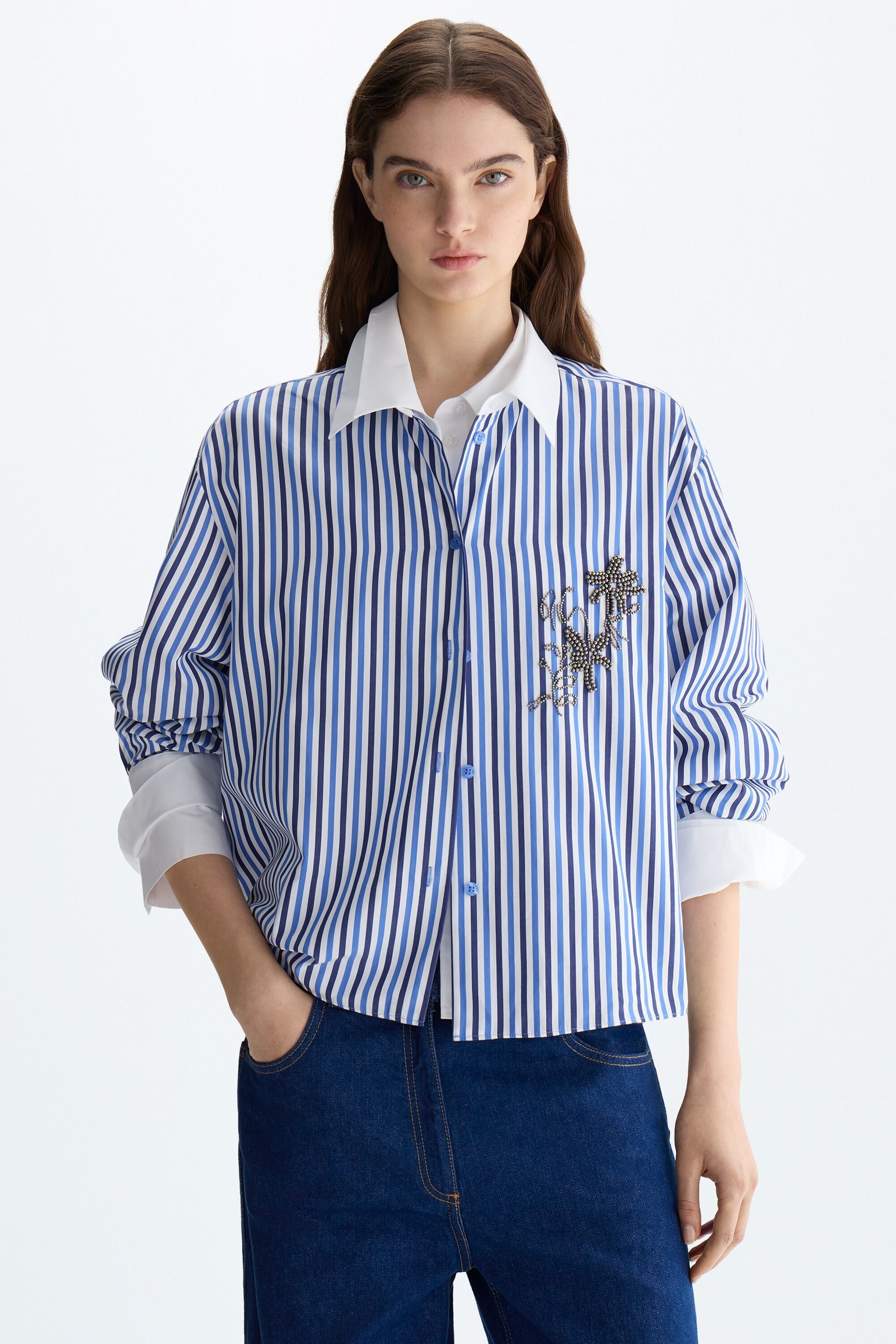 Embroidered striped poplin straight-fit shirt