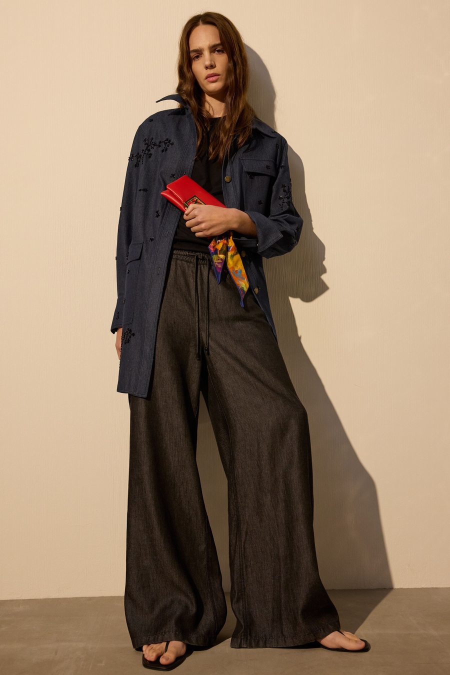 EMBROIDERED COTTON STRAIGHT-FIT LONG OVERSHIRT