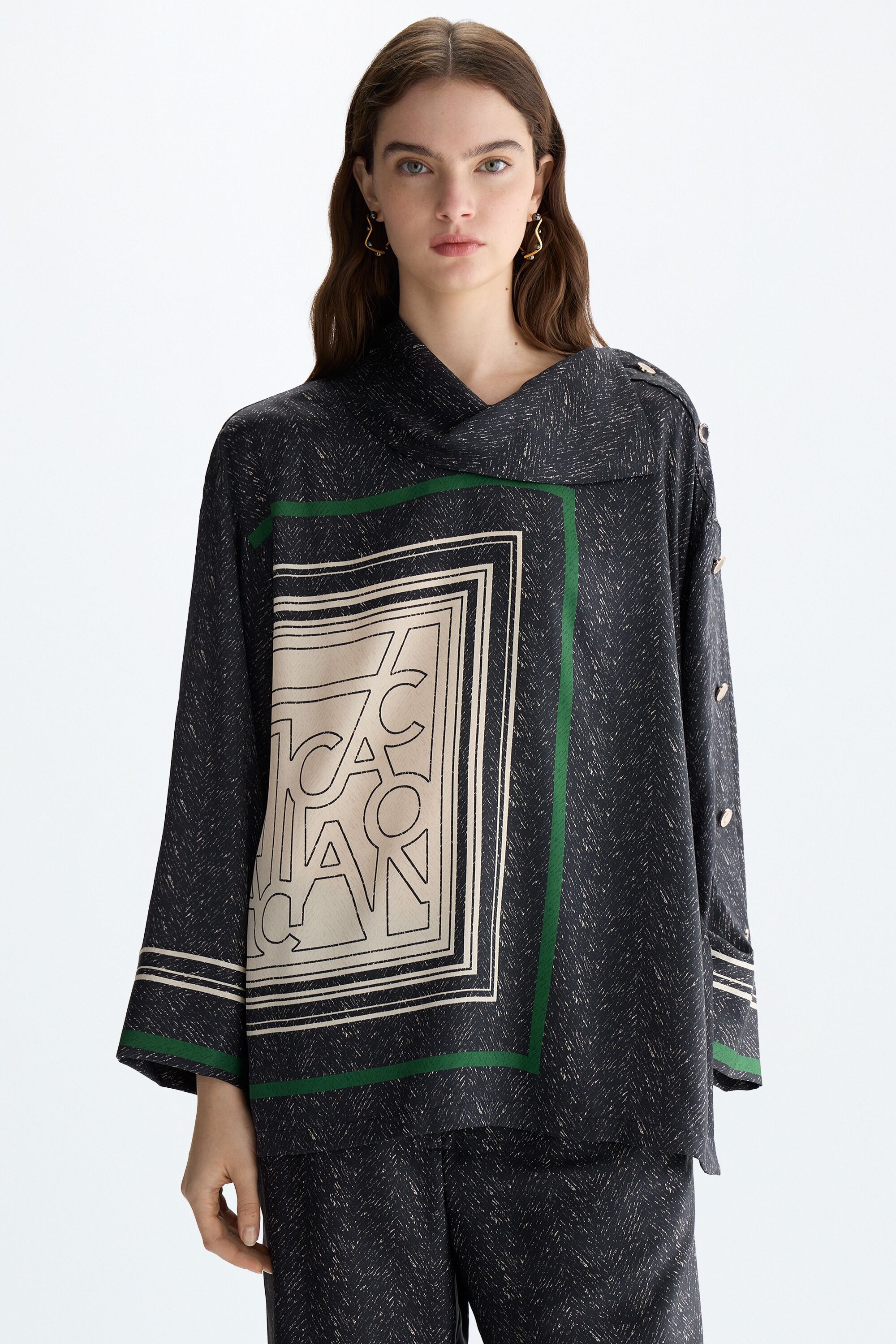 Herringbone PG Lines print twill oversize blouse