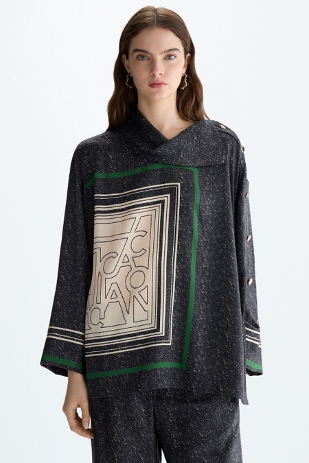 HERRINGBONE PG LINES PRINT TWILL OVERSIZE BLOUSE