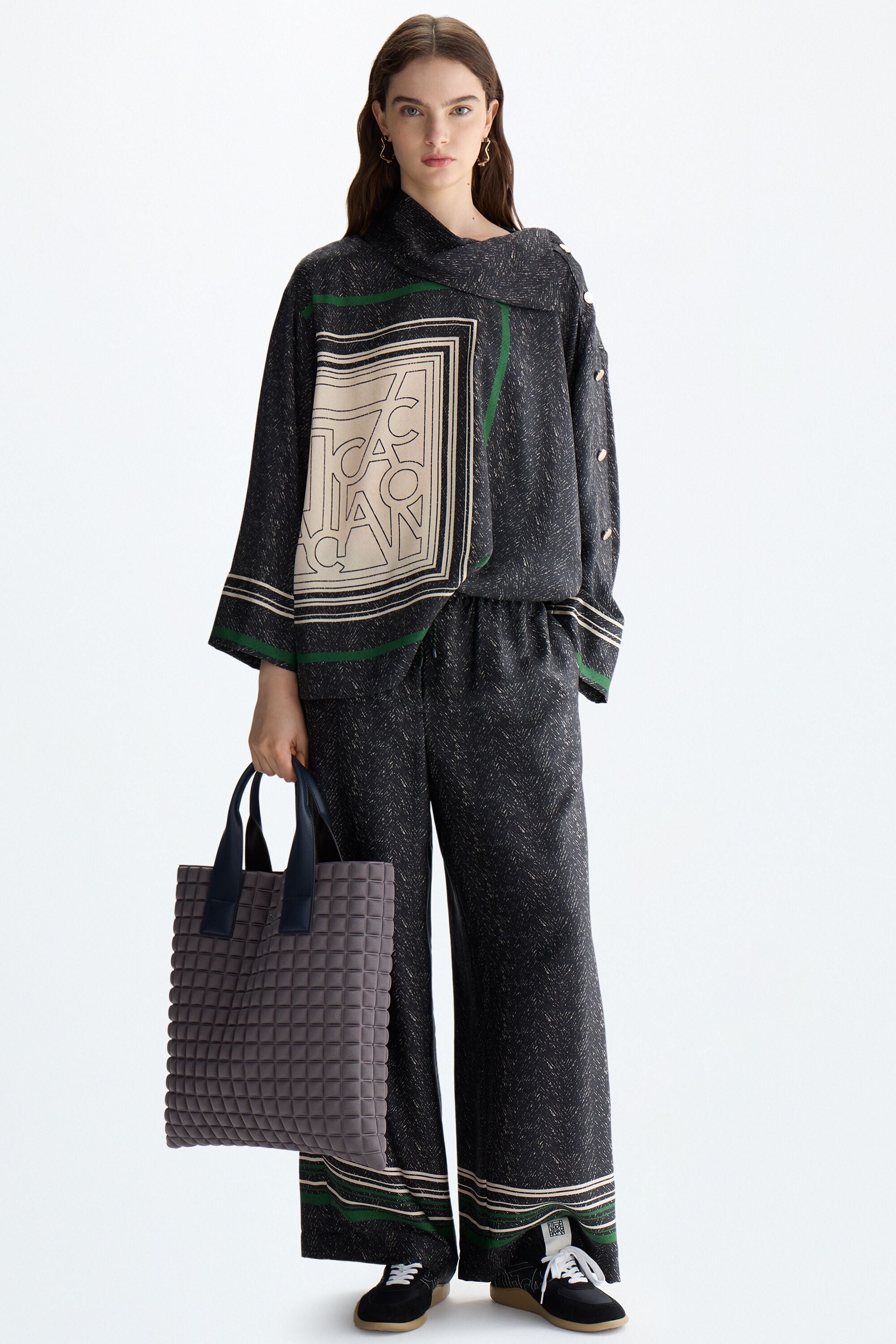 Herringbone PG Lines print twill oversize blouse black/multicolor