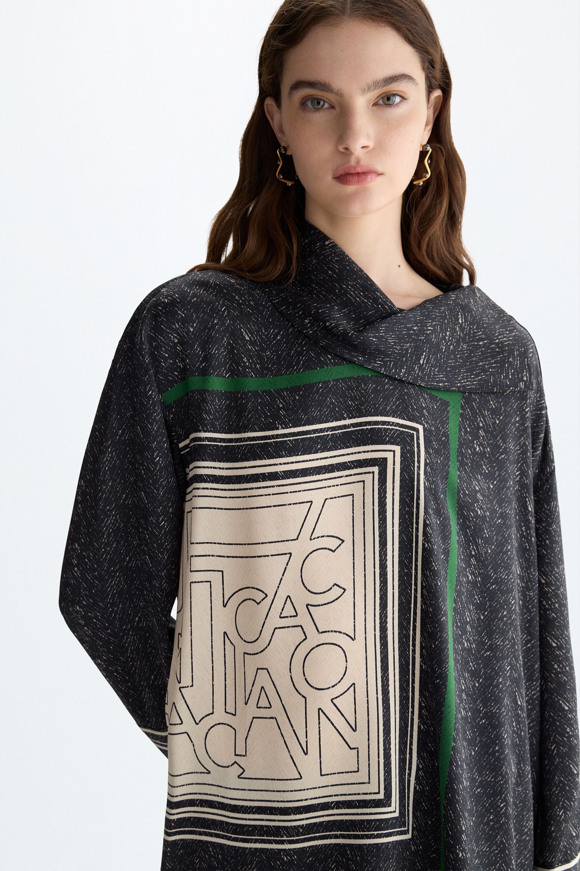 Herringbone PG Lines print twill oversize blouse black/multicolor