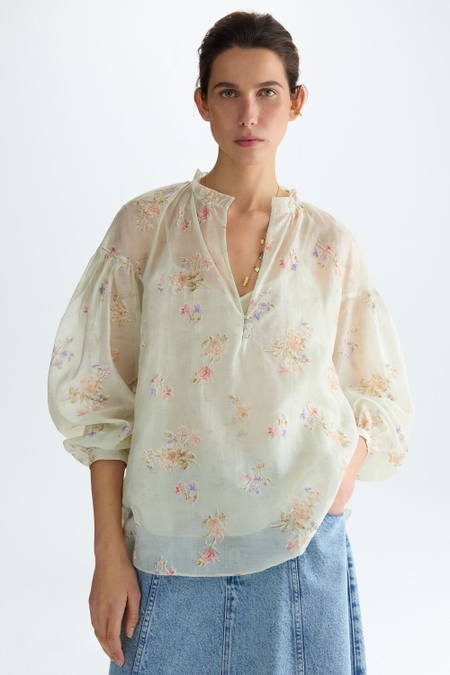 EMBROIDERED PRINT VOILE OVERSIZE BLOUSE