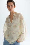 Embroidered print voile oversize blouse