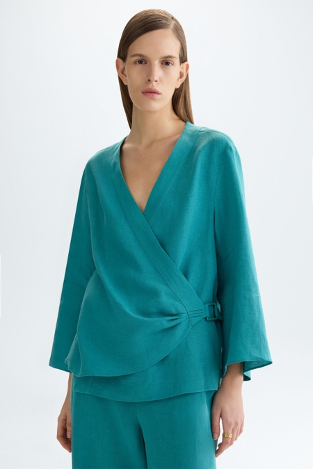 BUCKLE LINEN WRAP LOOSE BLOUSE