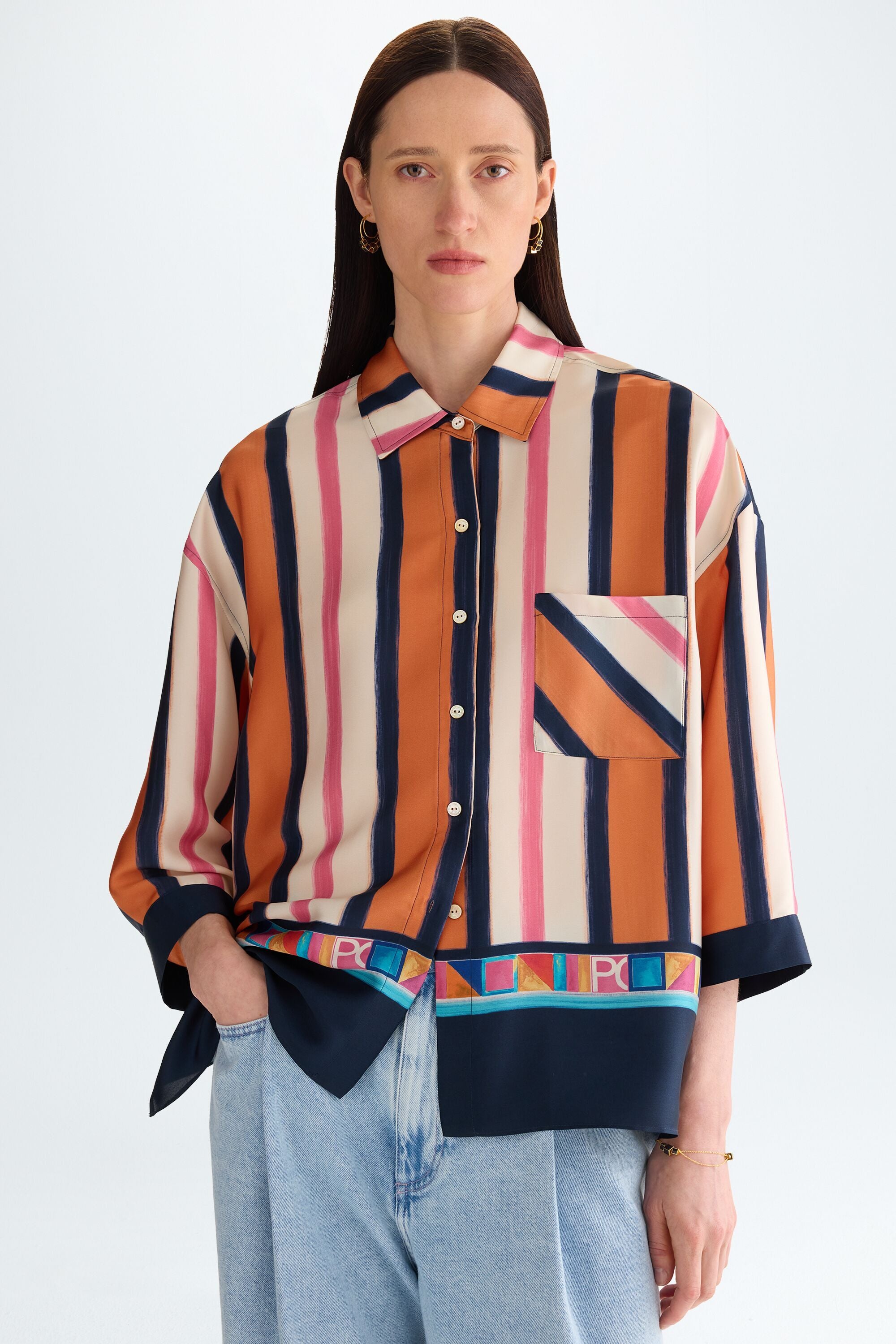 Cinta PG striped print twill oversize shirt navy/orange/beige