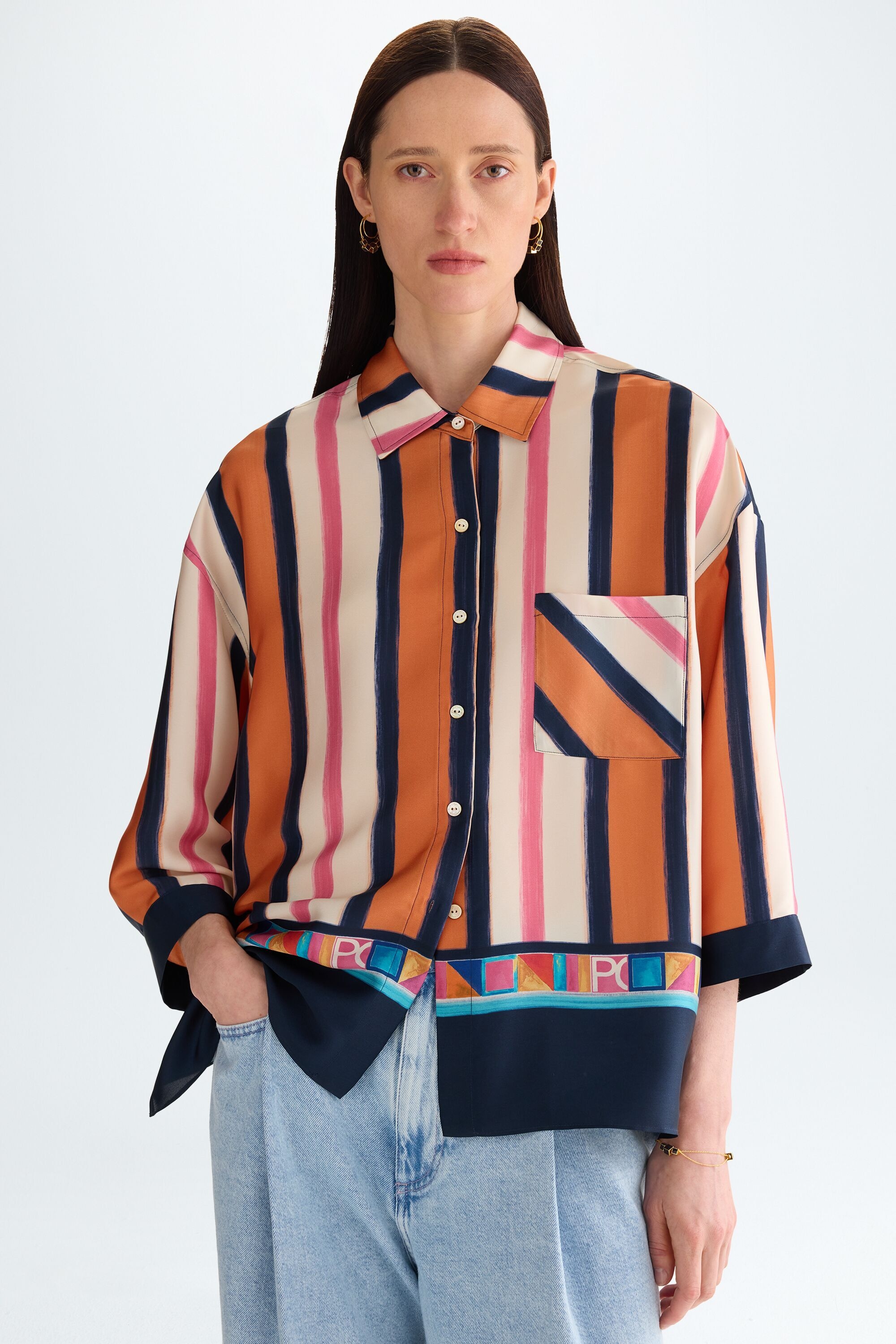 Cinta PG striped print twill oversize shirt
