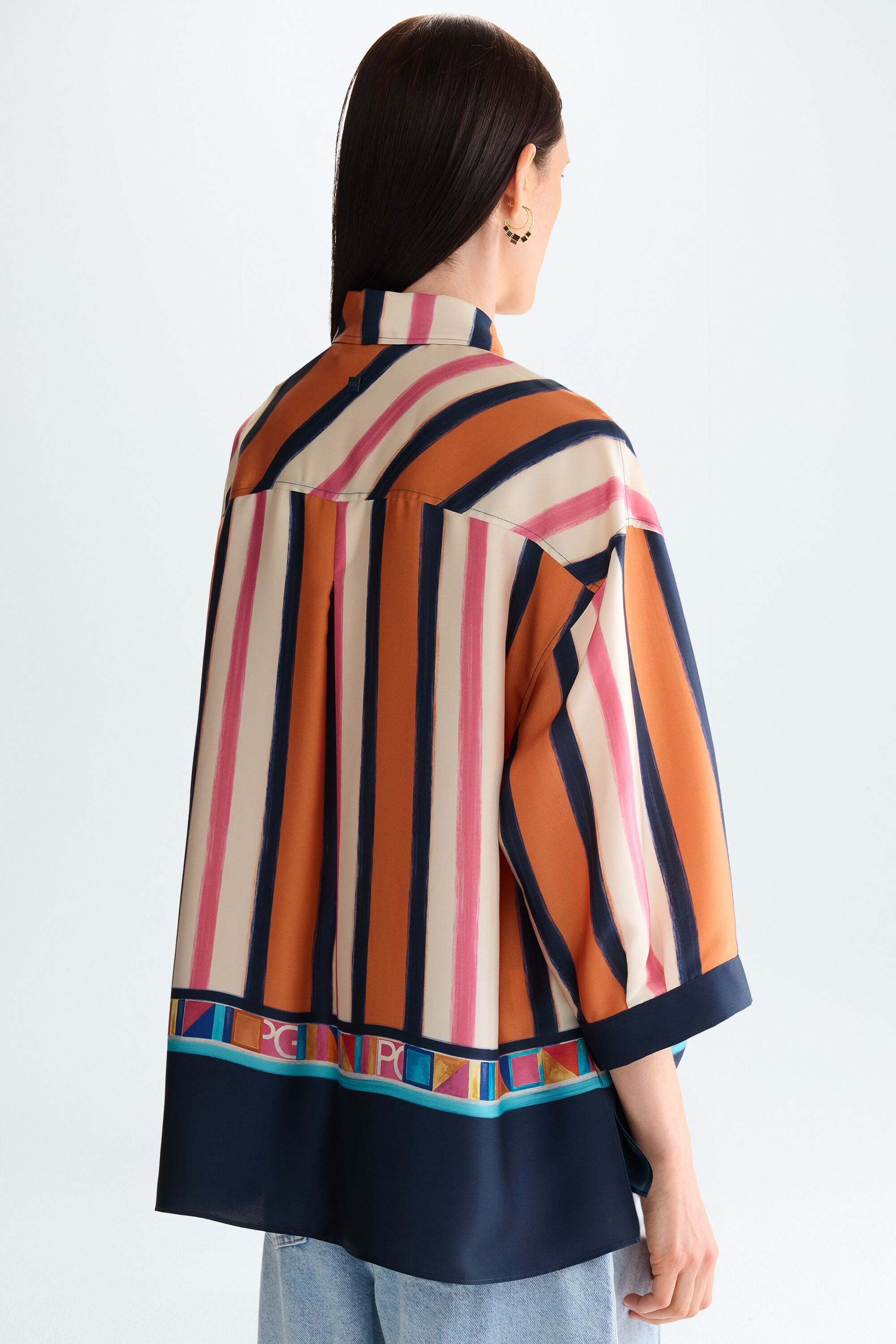 Cinta PG striped print twill oversize shirt navy/orange/beige