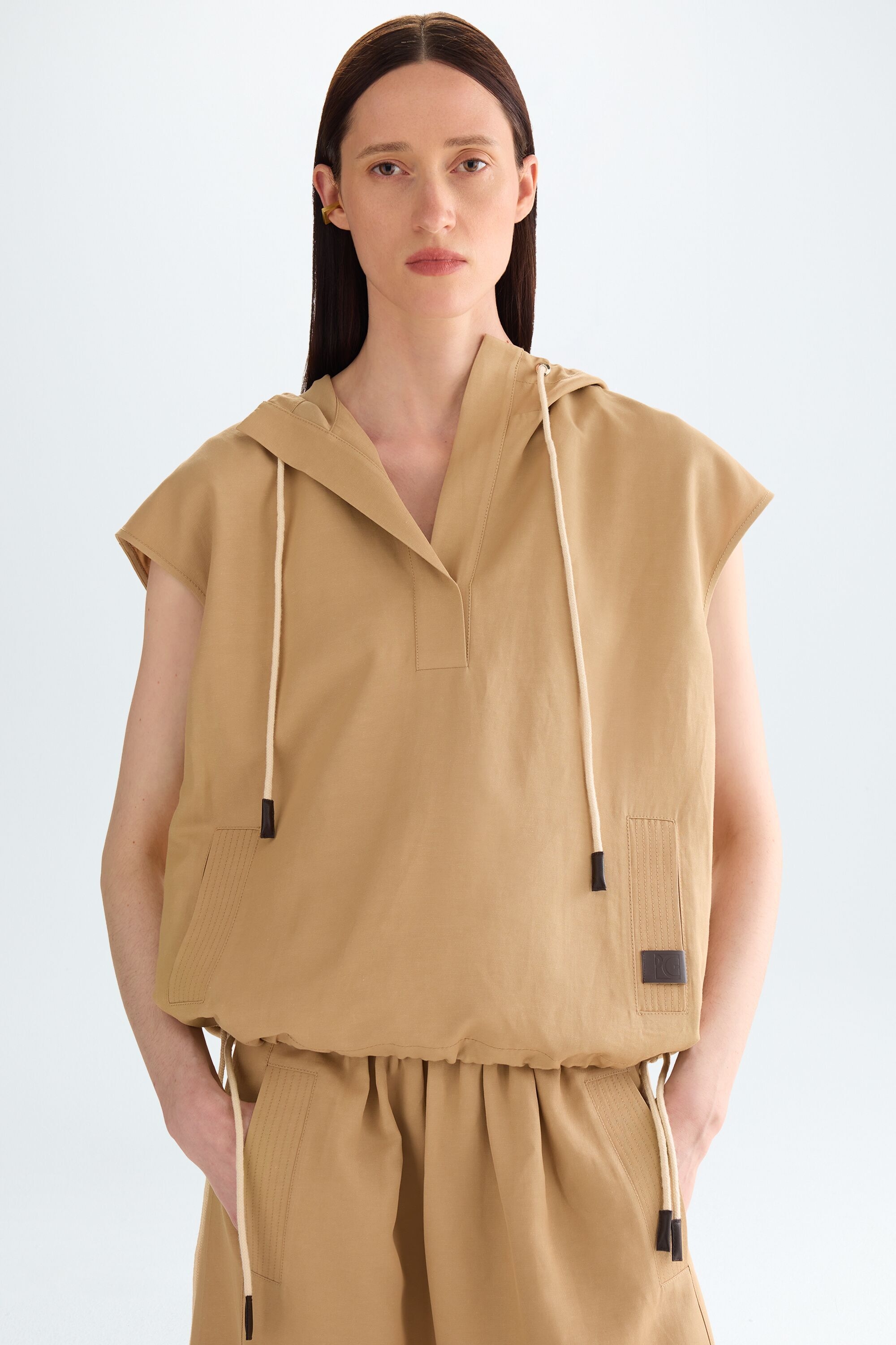Hooded linen cocoon-fit top - CAMEL