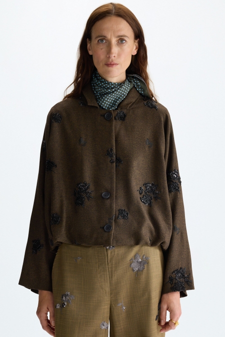 EMBROIDERED BIRD'S EYE WEAVE OVERSIZE SHORT JACKET