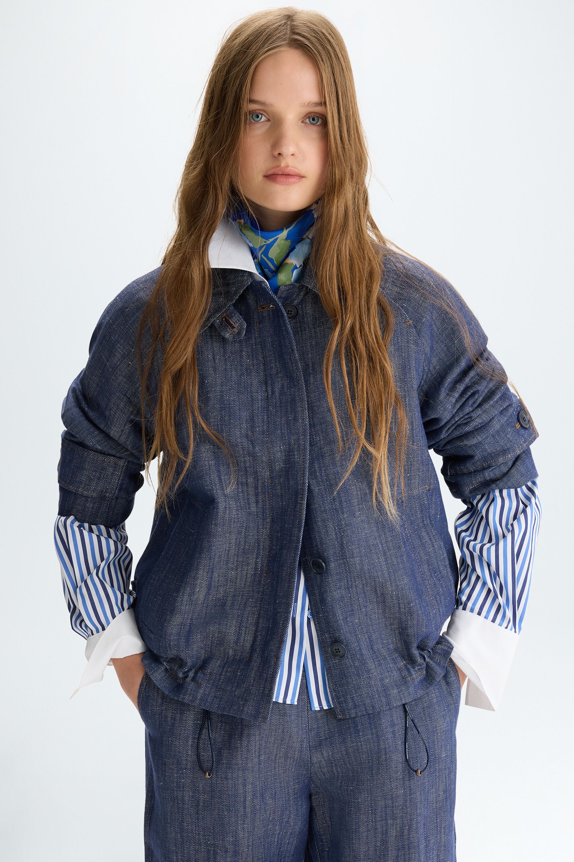 Denim-effect linen A-line jacket