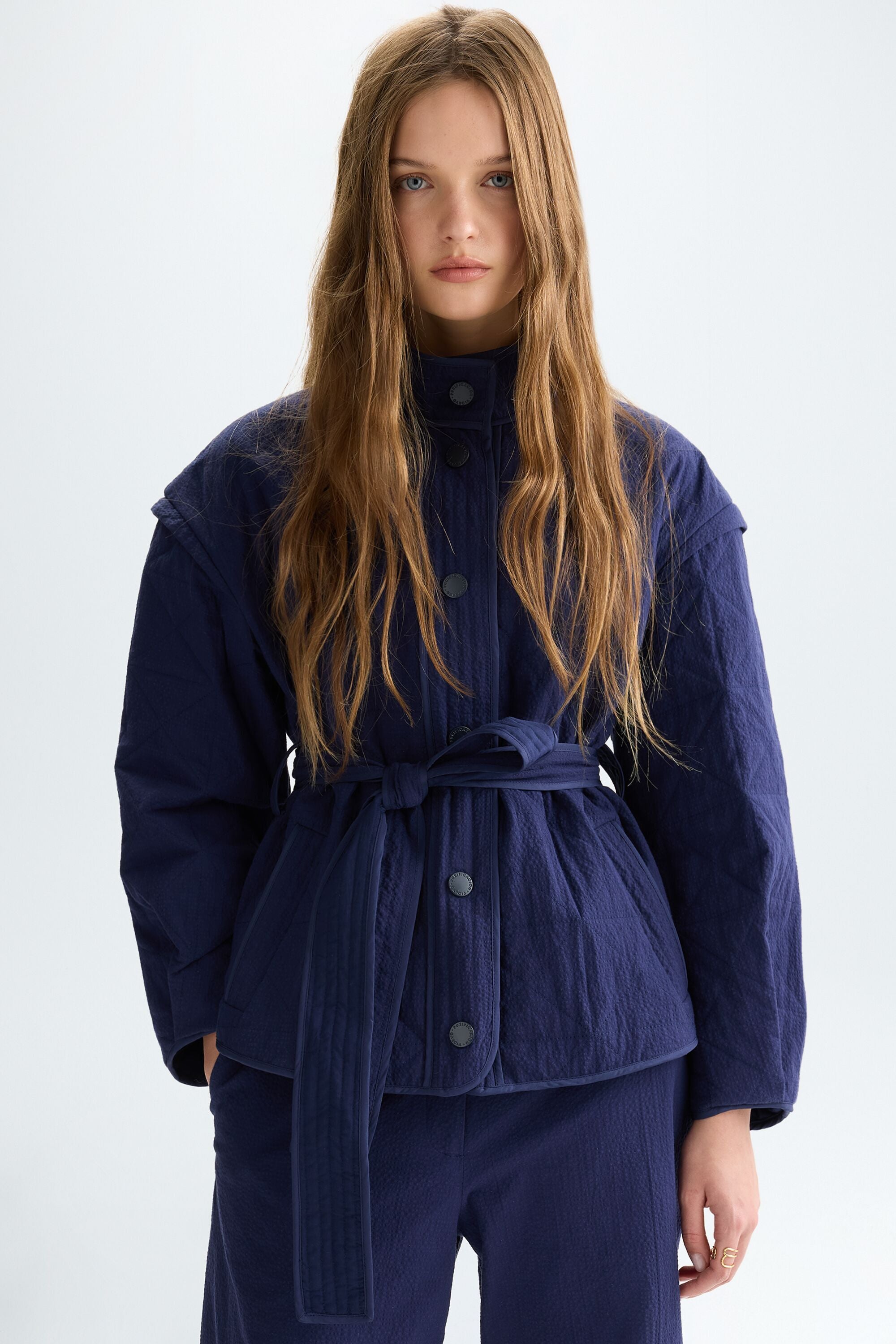 Origami quilted seersucker cotton jacket navy - Purificacion