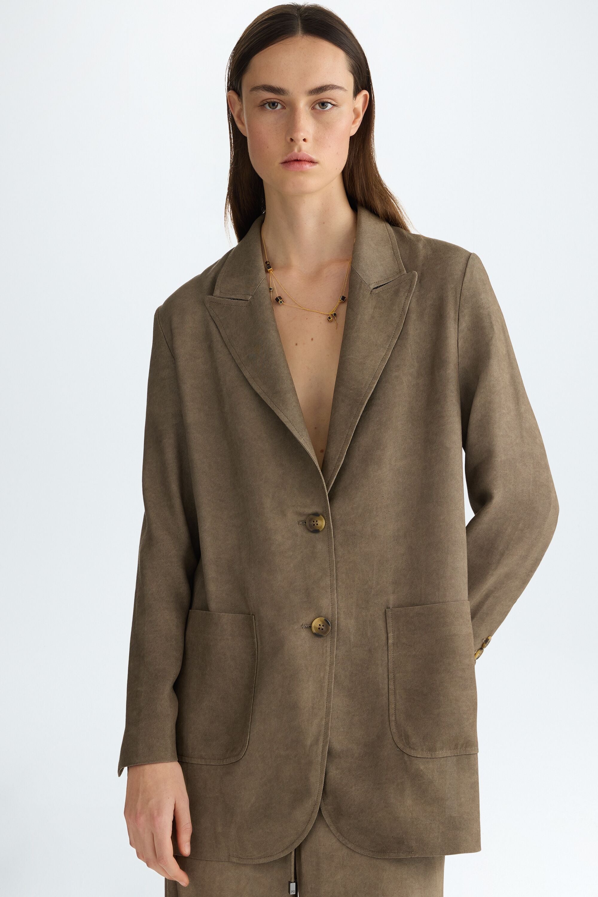 Linen straight-fit tailored jacket tobacco brown - Purificacion