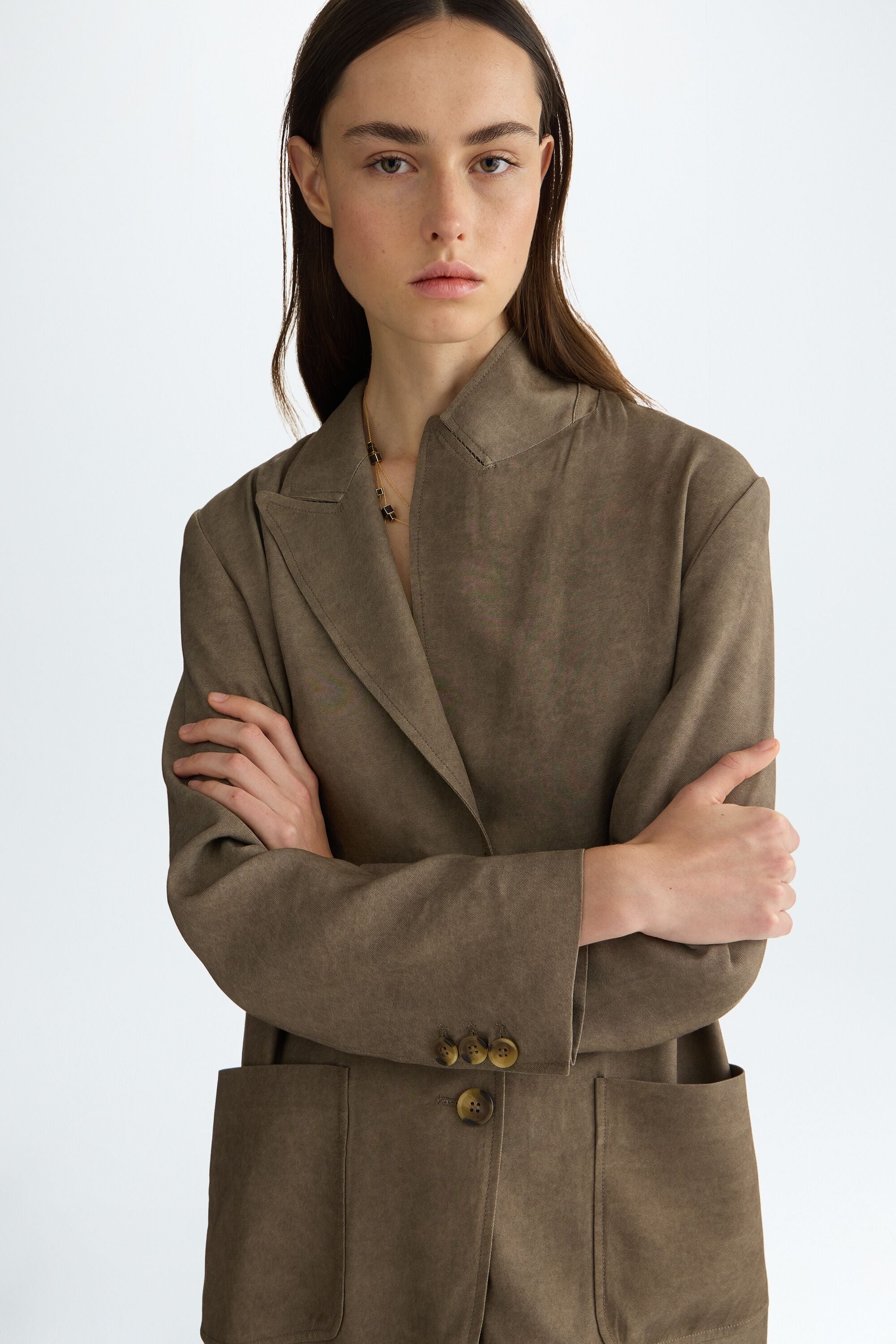 Linen straight-fit tailored jacket tobacco brown - Purificacion