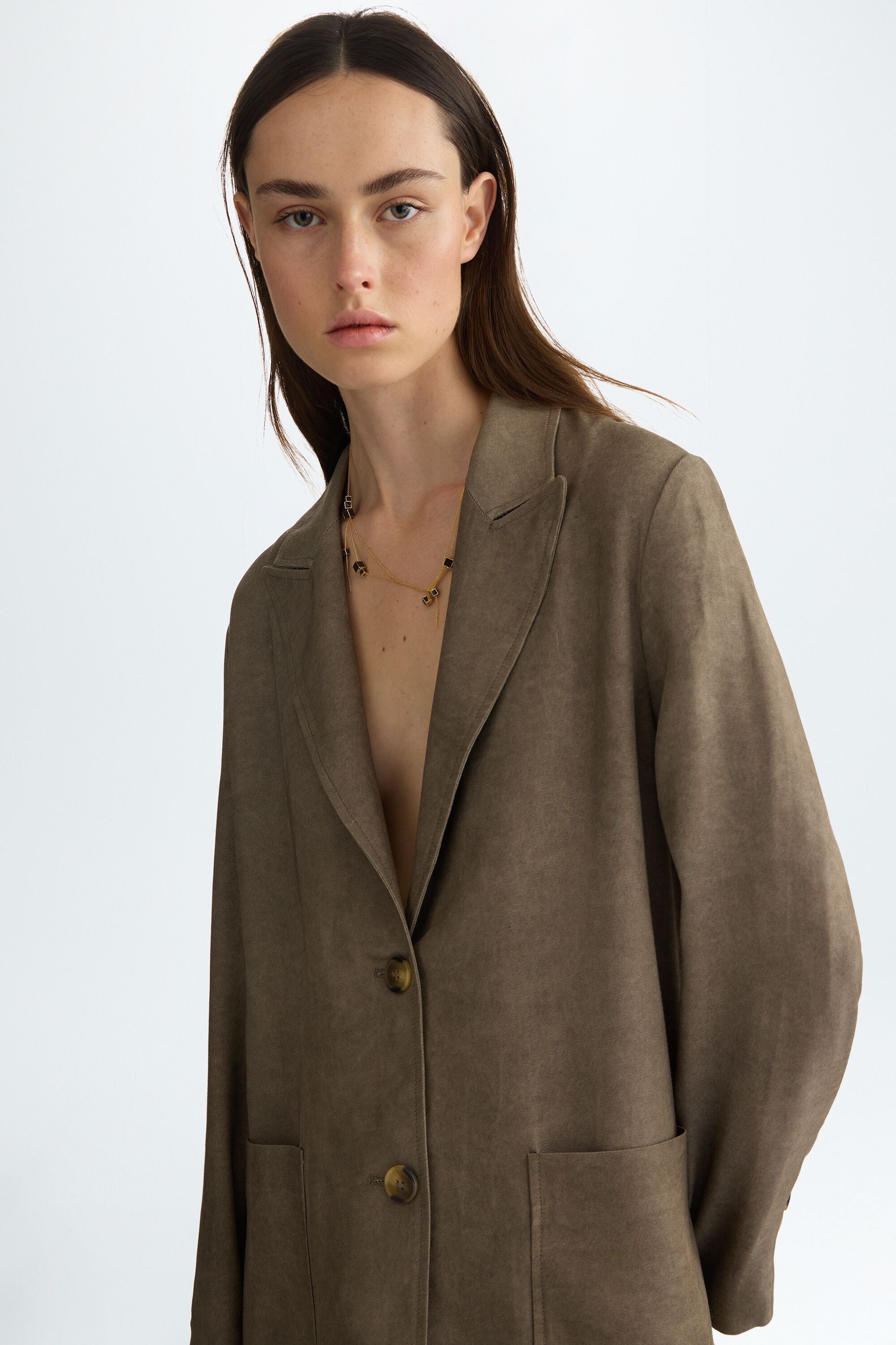 Linen straight-fit tailored jacket tobacco brown - Purificacion