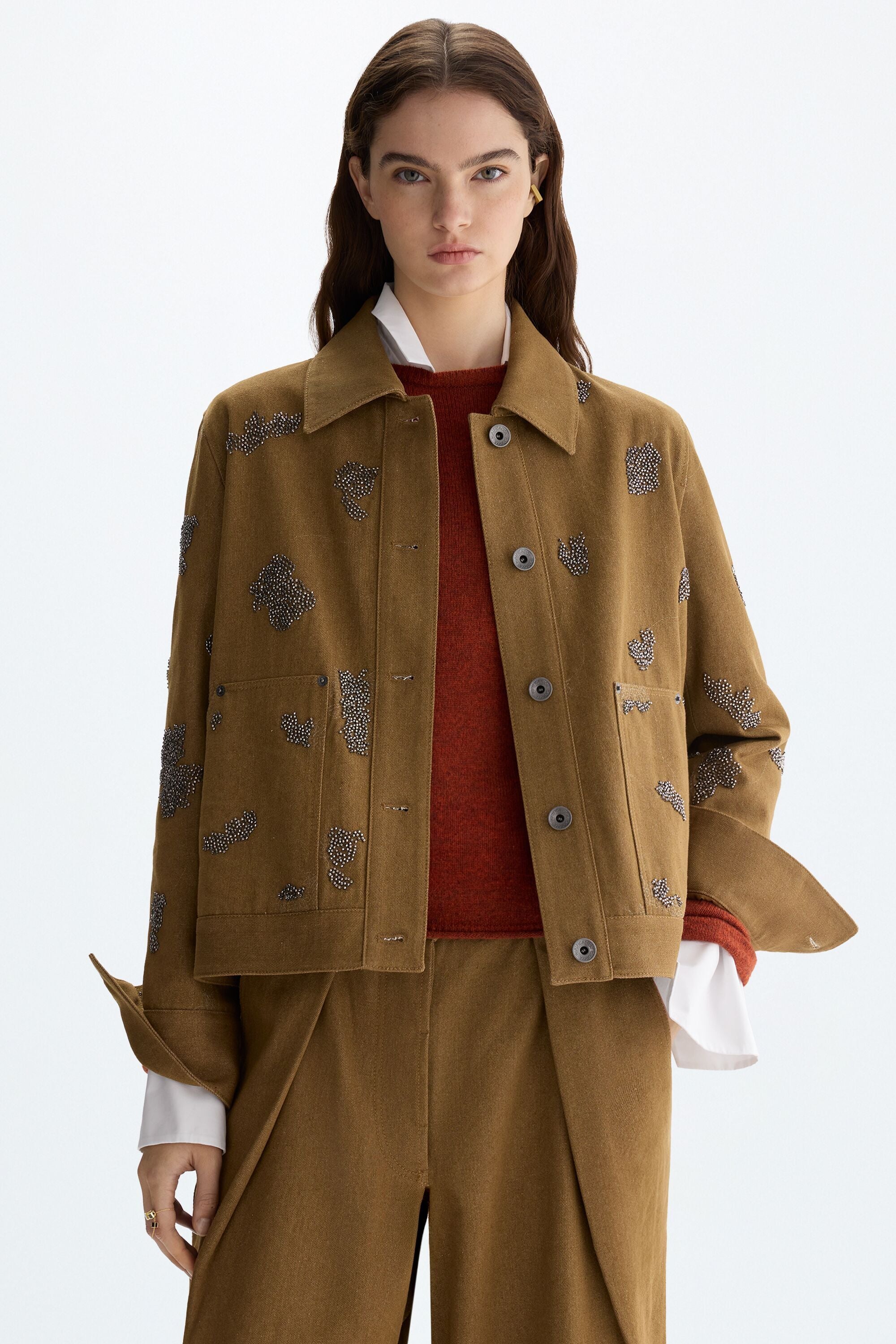 Embroidered cotton twill jacket camel - Purificacion Garcia Austria