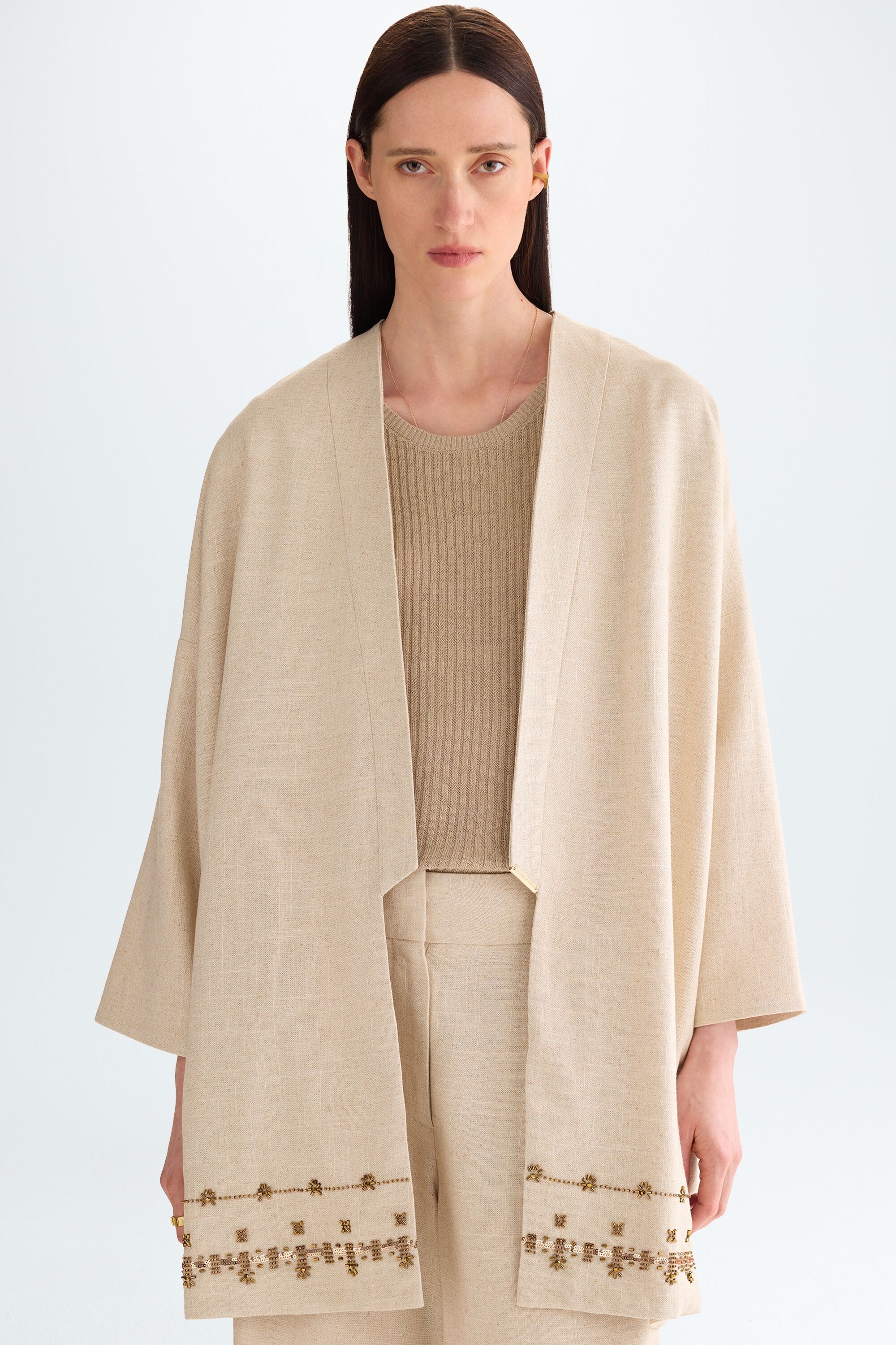 Embroidered linen dust coat