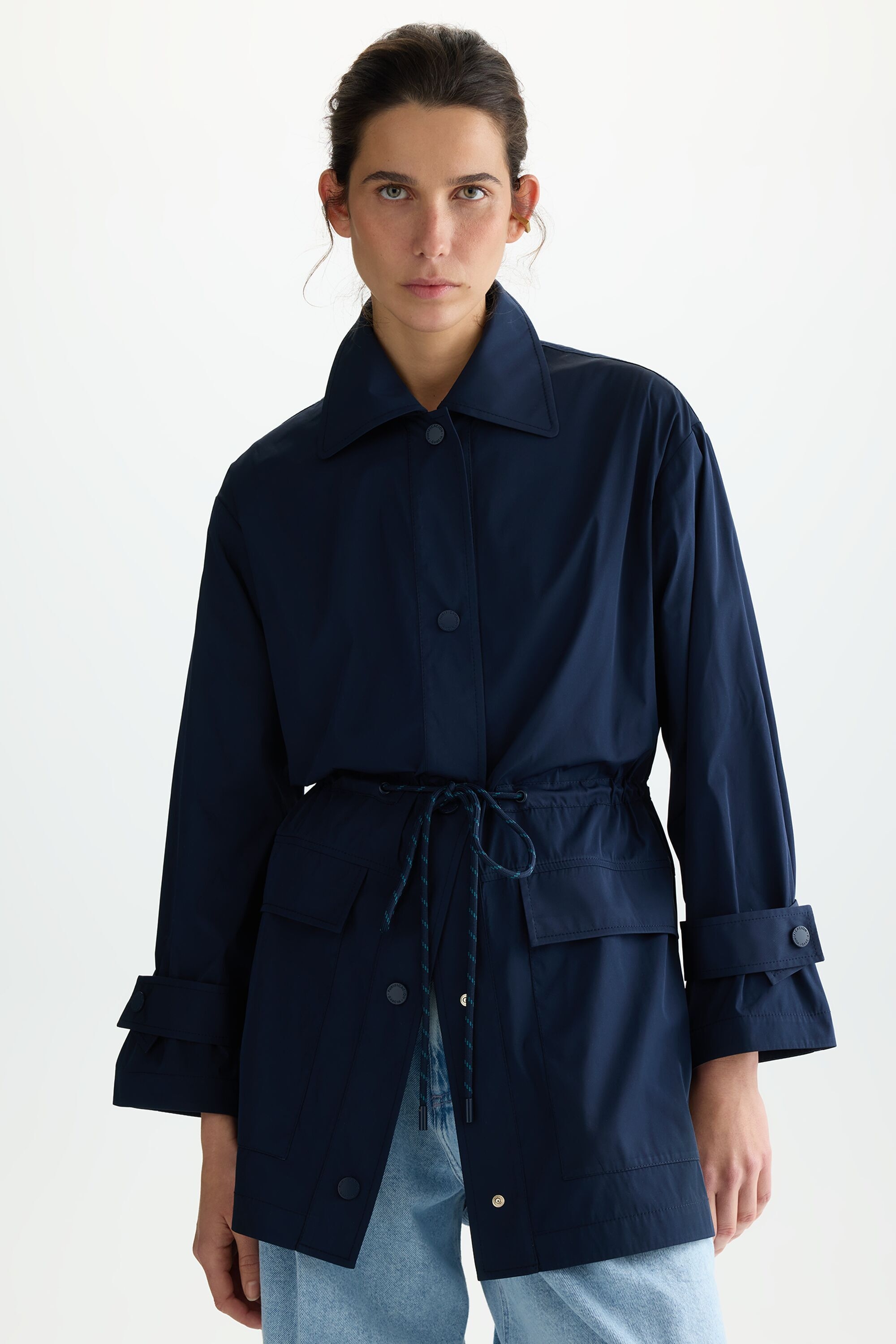 Nylon A-line coat with belt