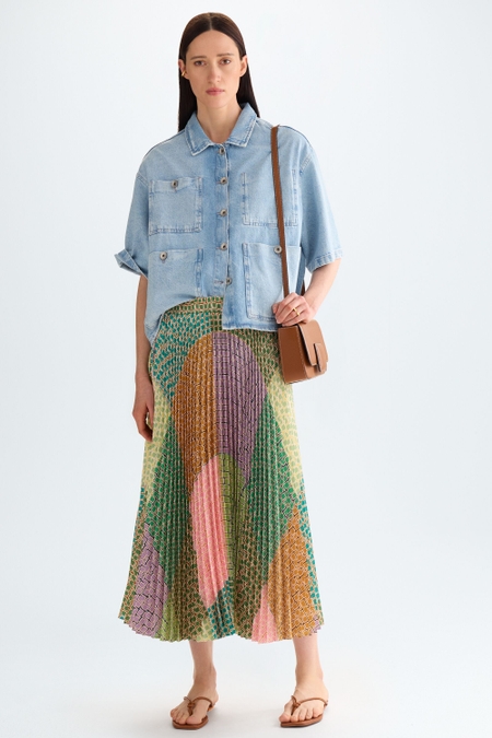 CUBES PRINT TWILL PLEATED MIDI SKIRT