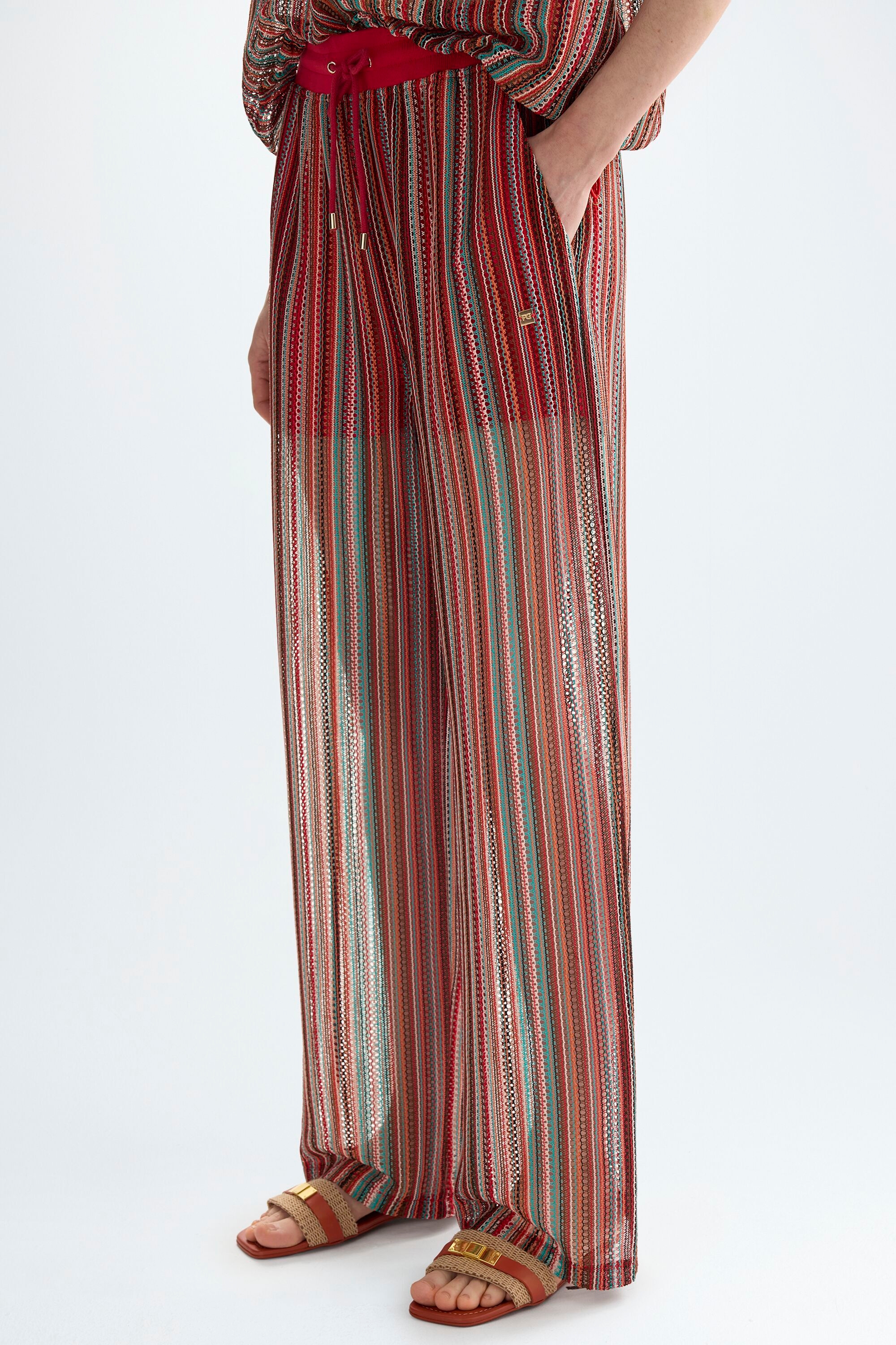 Striped pointelle knit straight-leg trousers