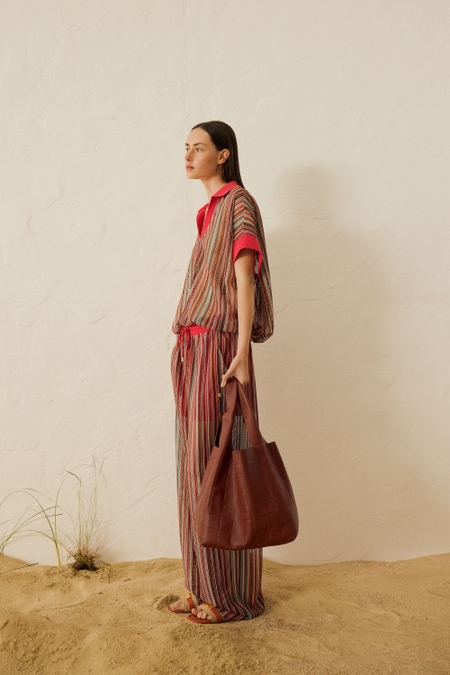 STRIPED POINTELLE KNIT STRAIGHT-LEG TROUSERS