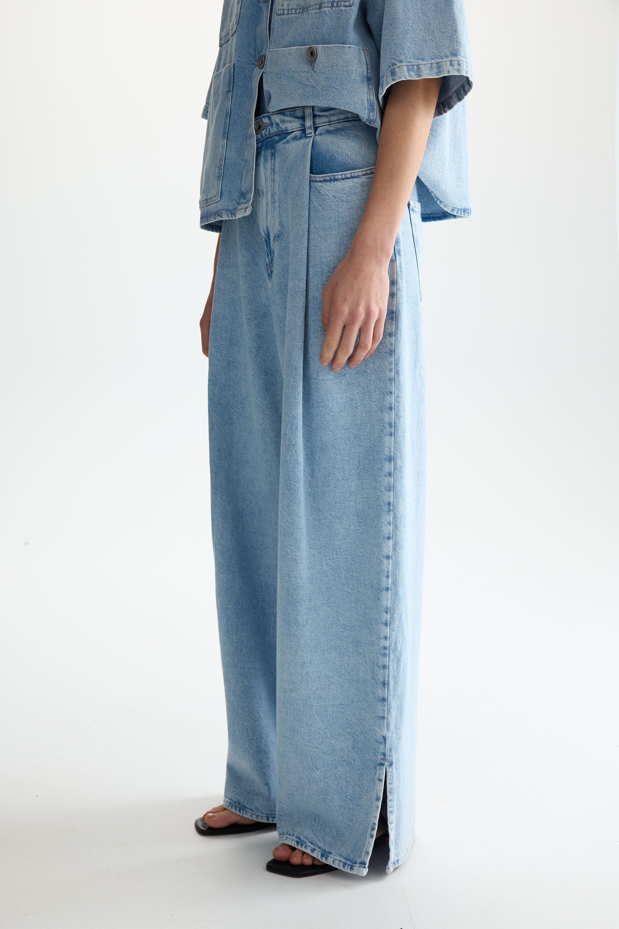 Cotton twill wide-leg trousers - BLUE