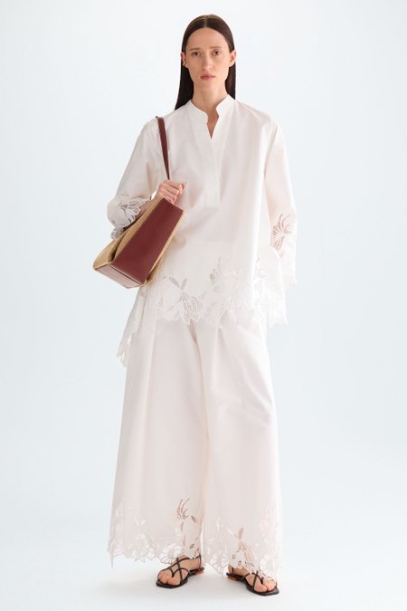 CUT-OUT EMBROIDERED POPLIN WIDE-LEG TROUSERS