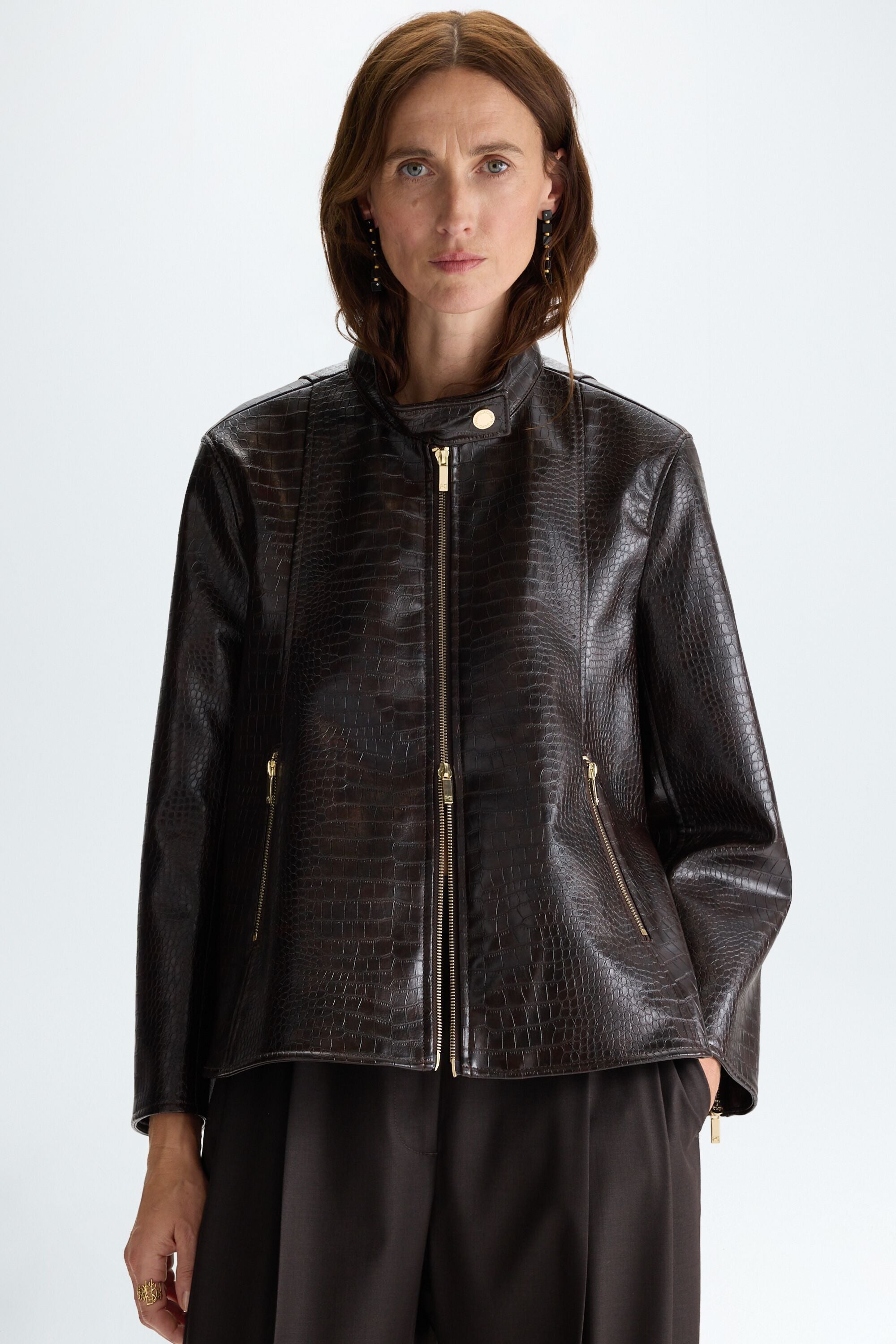 Faux-crocodile leather A-line jacket chocolate - Purificacion