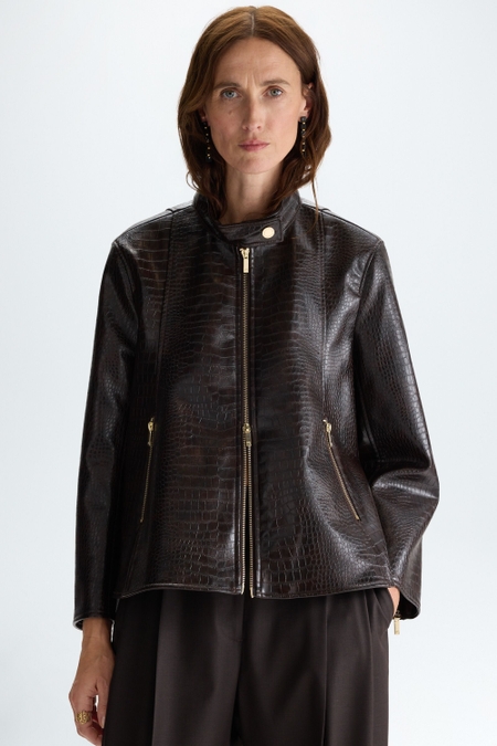 FAUX-CROCODILE LEATHER A-LINE JACKET