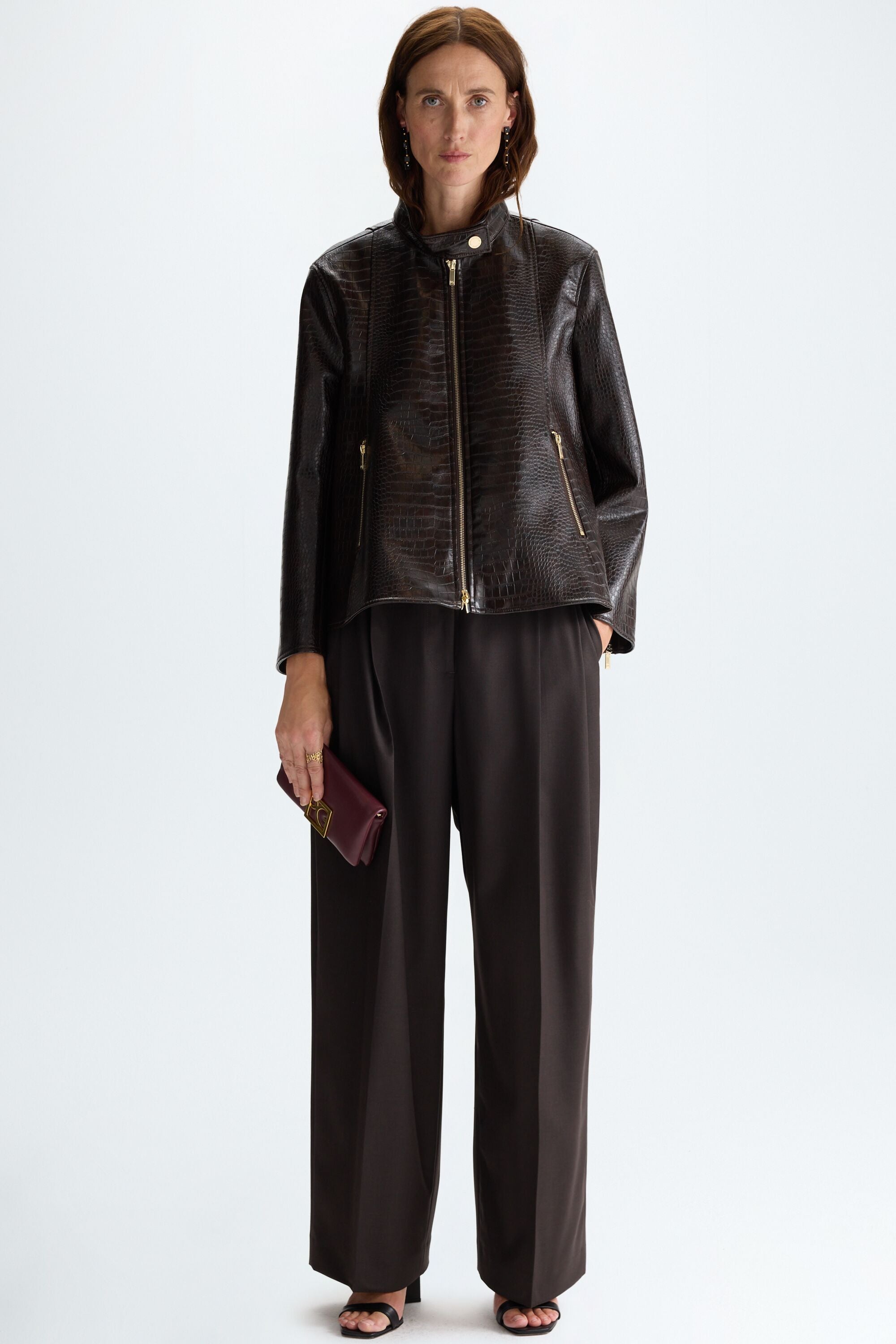 Faux-crocodile leather A-line jacket chocolate - Purificacion