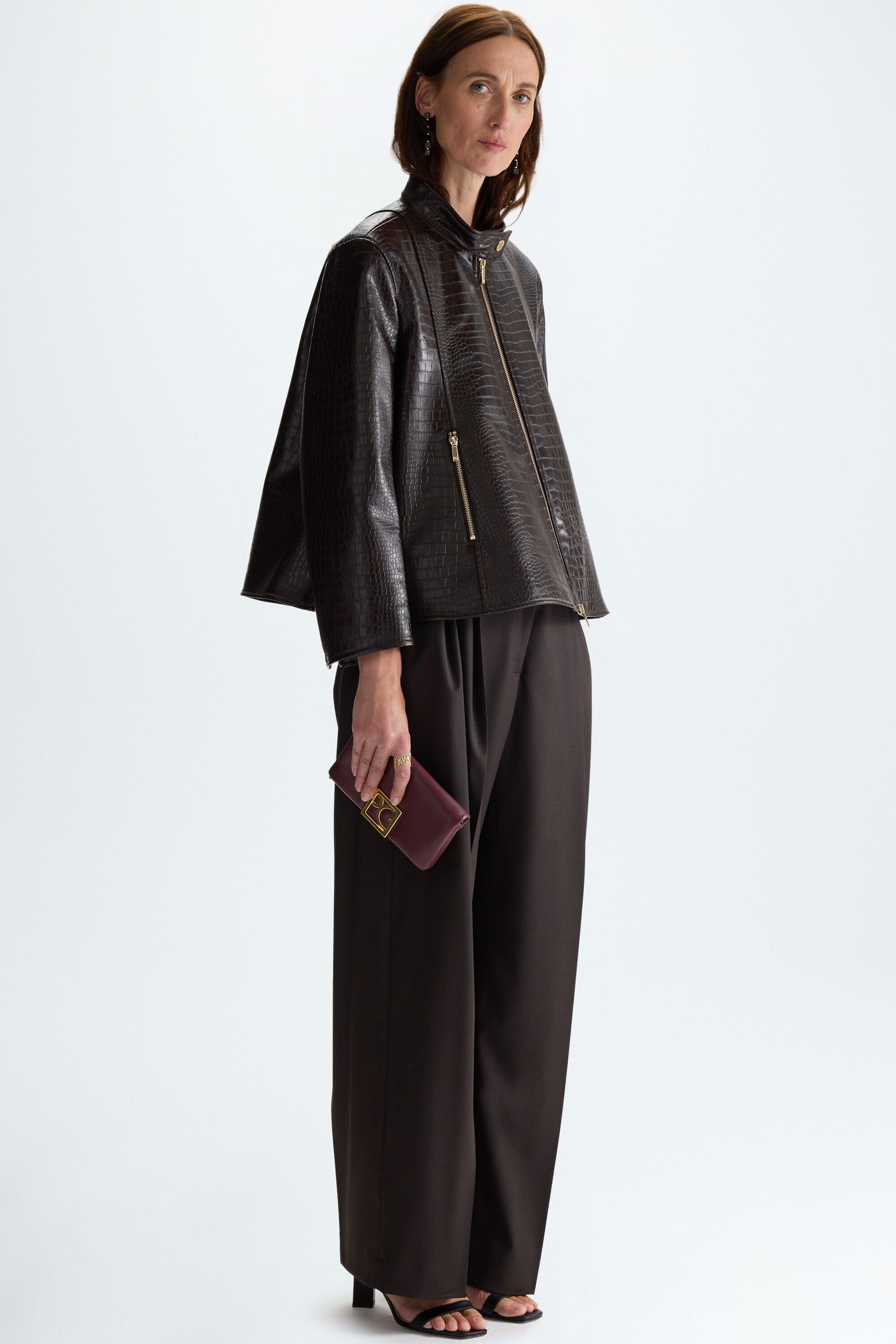 Faux-crocodile leather A-line jacket chocolate - Purificacion