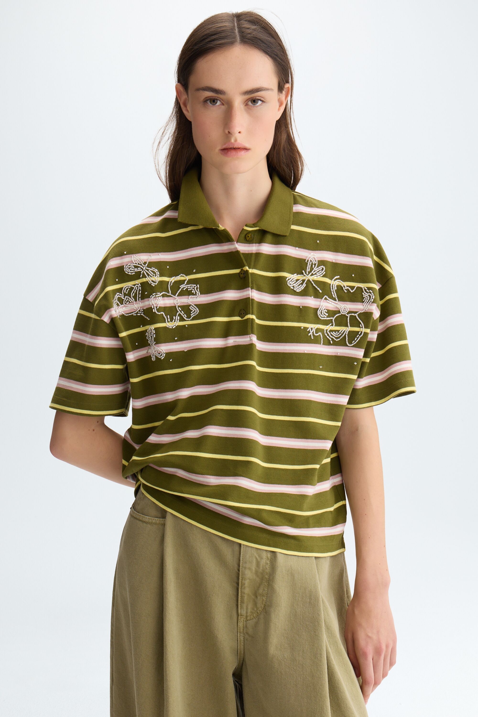 Striped piqué oversize polo shirt
