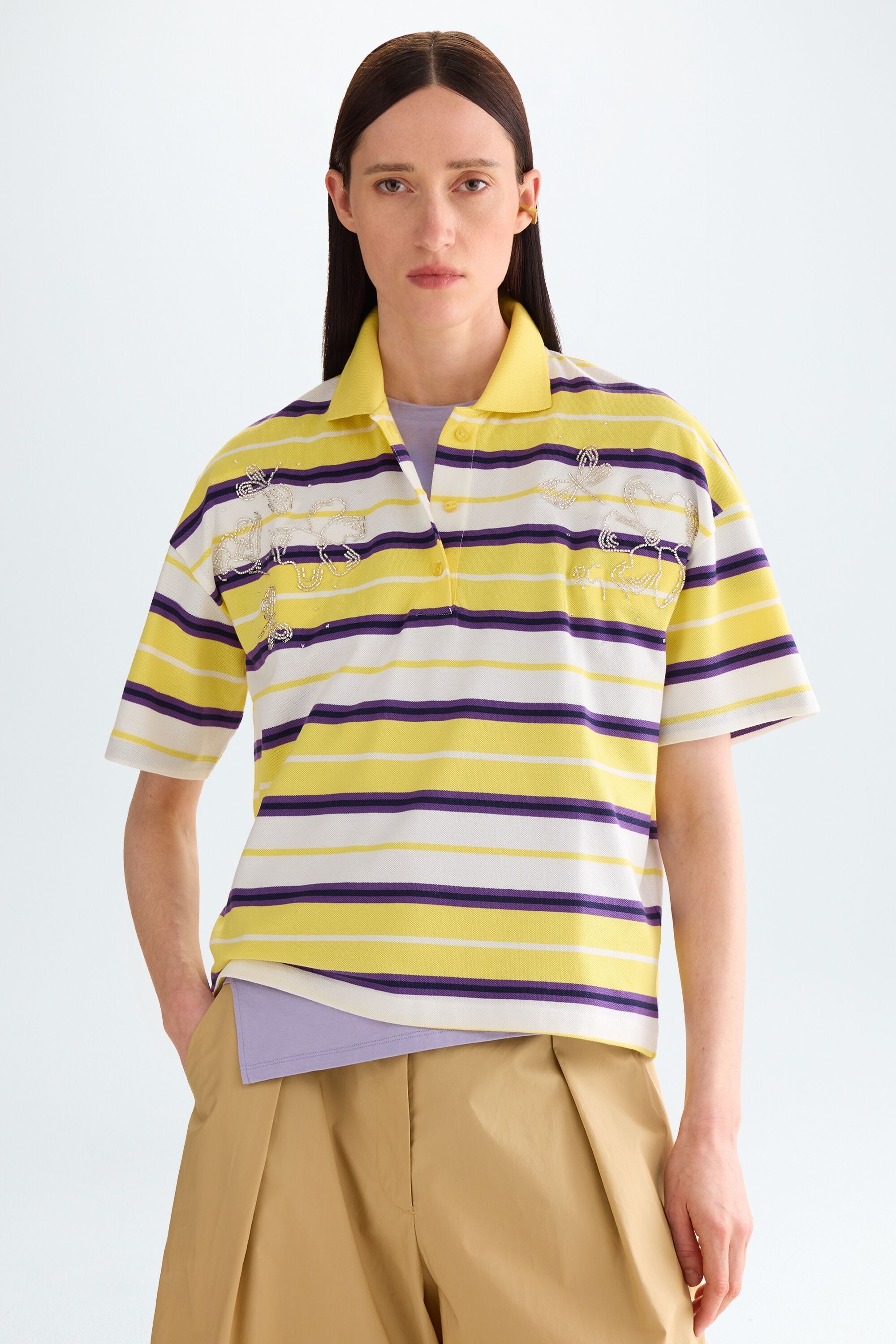 Striped piqué oversize polo shirt