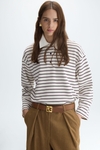 Striped fleece oversize polo-collared sweatshirt