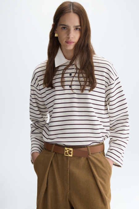 STRIPED FLEECE OVERSIZE POLO-COLLARED SWEATSHIRT
