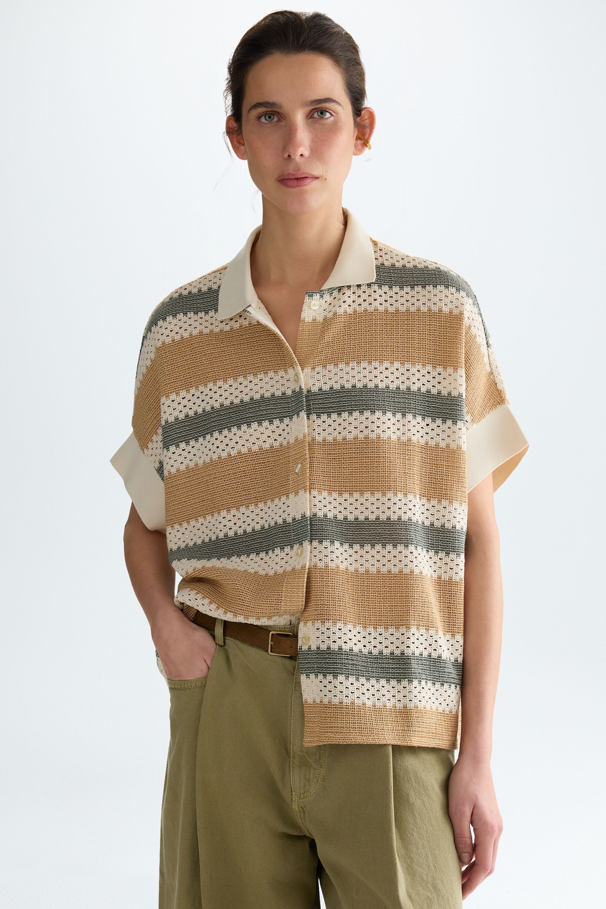 Striped pointelle knit oversize polo shirt