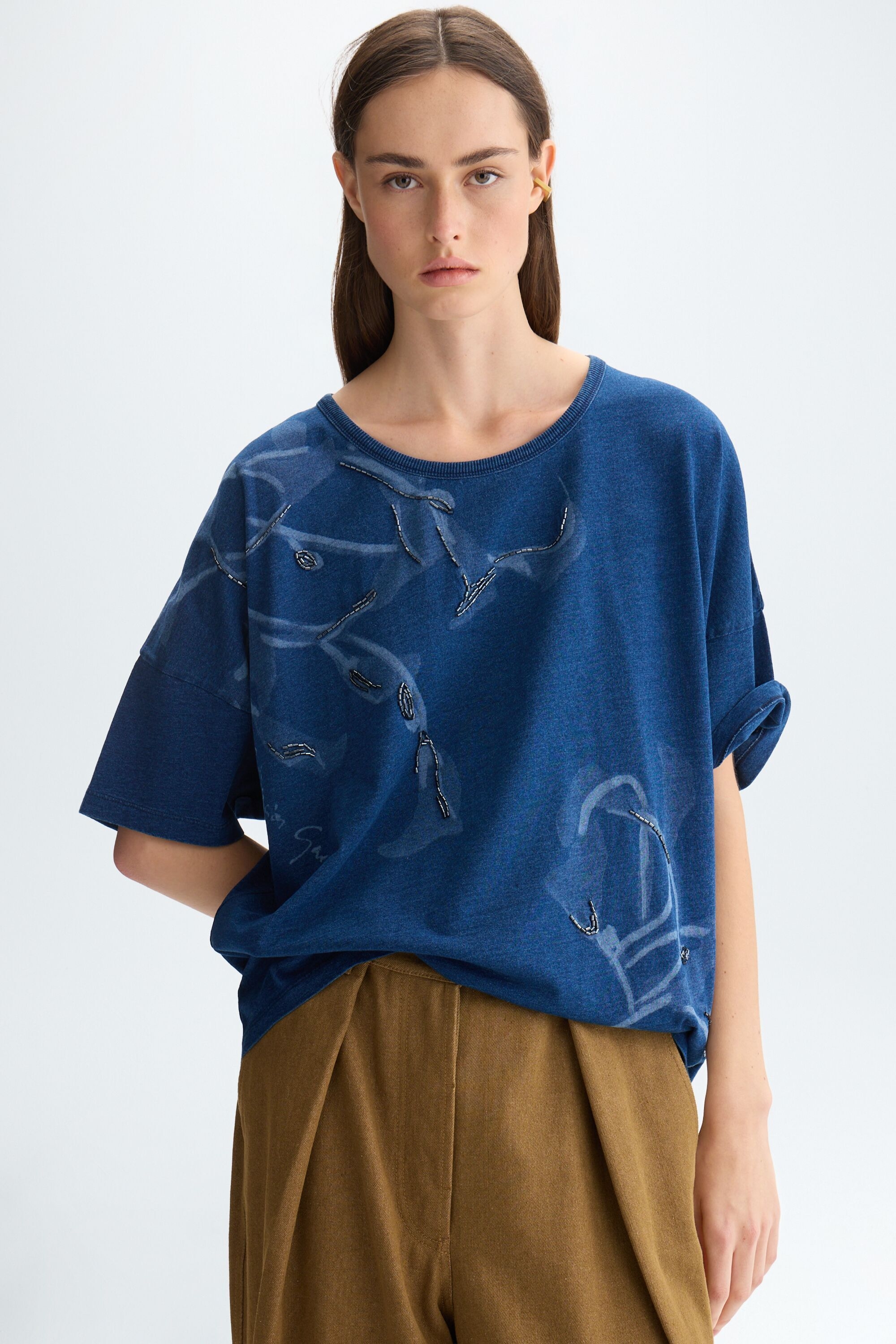 Denim jersey oversize t-shirt with beads