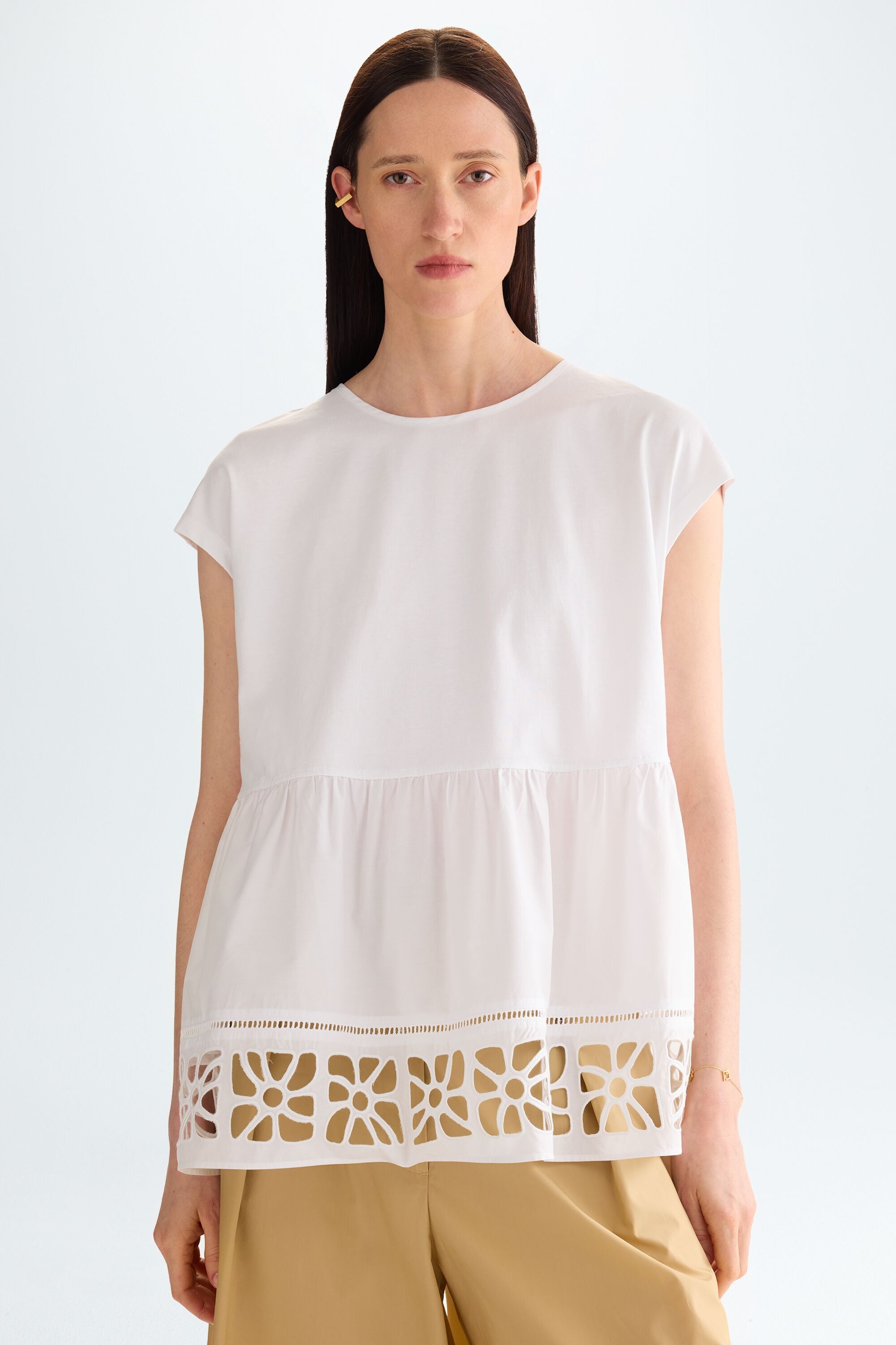 Floral cut-out poplin A-line blouse