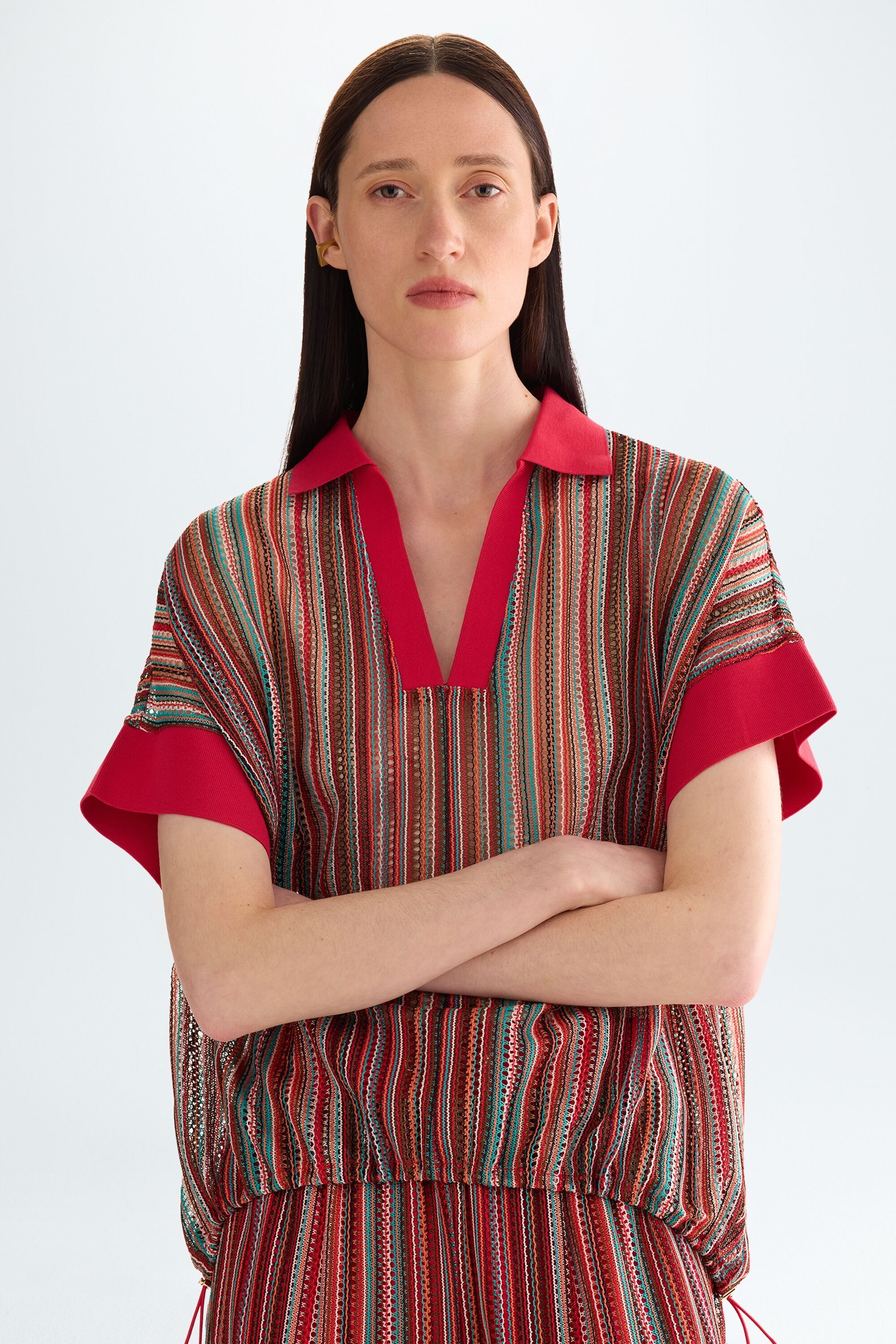 Striped pointelle knit oversize polo shirt