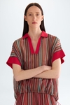 Striped pointelle knit oversize polo shirt