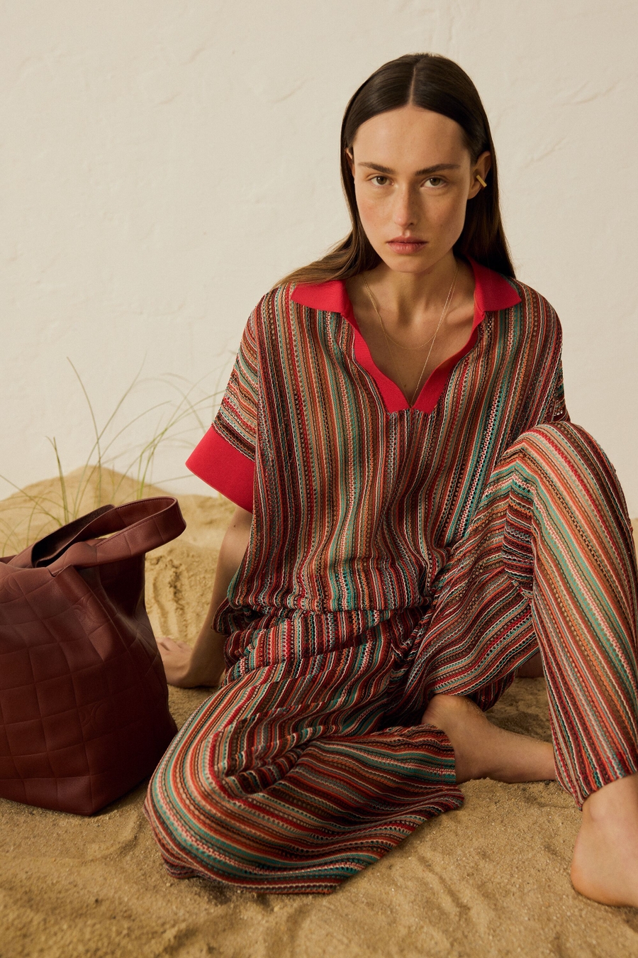 STRIPED POINTELLE KNIT OVERSIZE POLO SHIRT