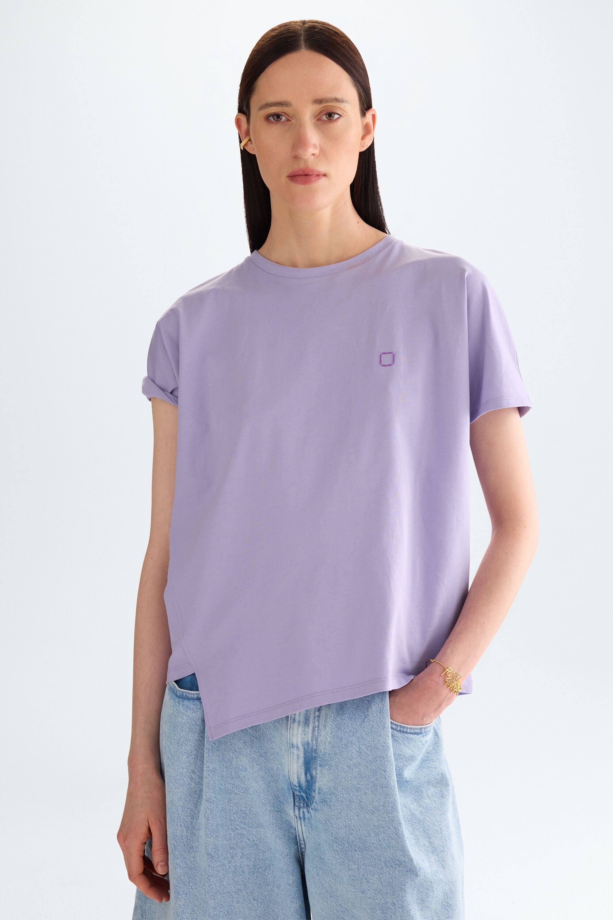 【マカロン】YUKI HASHIMOTO アシンメトリーシャツ（パープル） Asymmetric hem jersey oversize t-shirt lavender - Purificacion