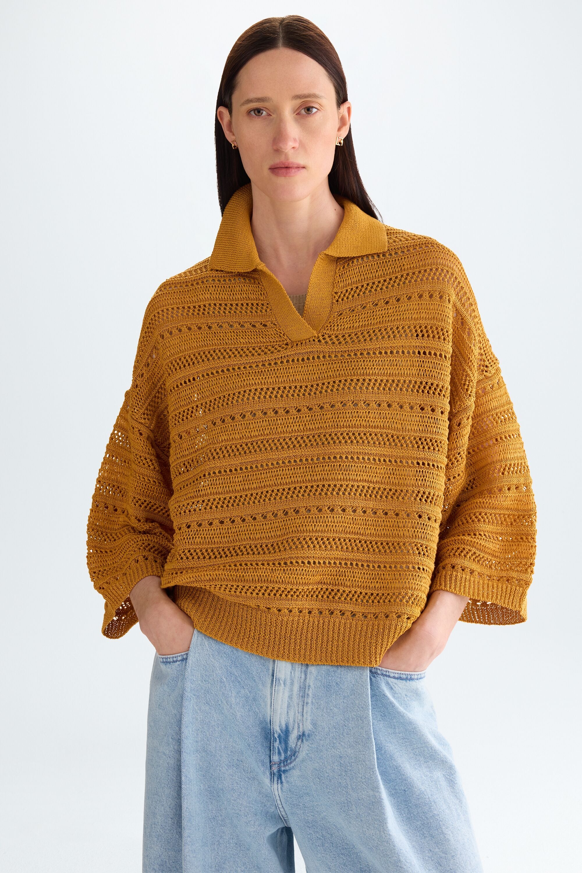 Pointelle knit tape straight-fit sweater