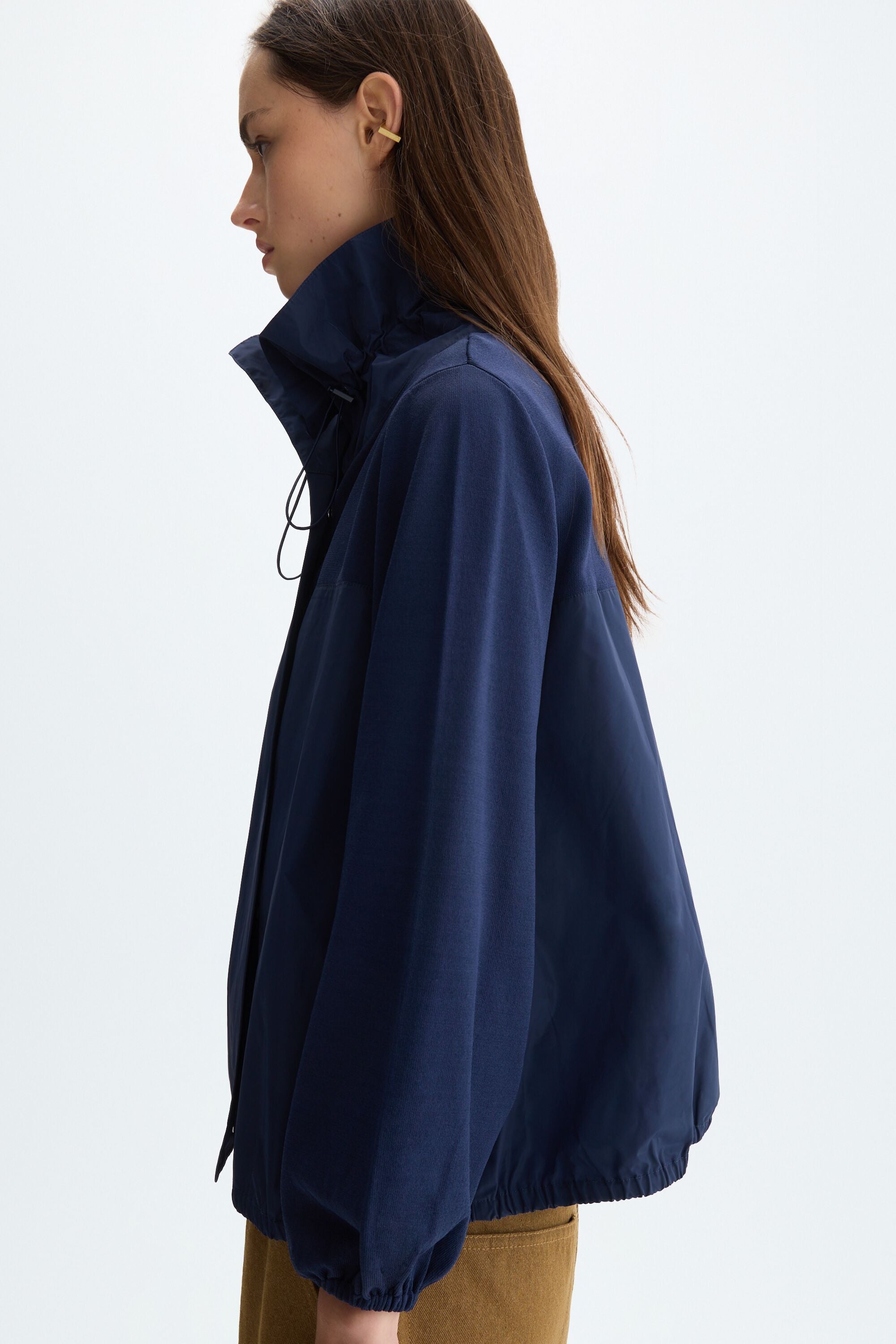 Stretch-knit technical A-line short jacket navy - Purificacion