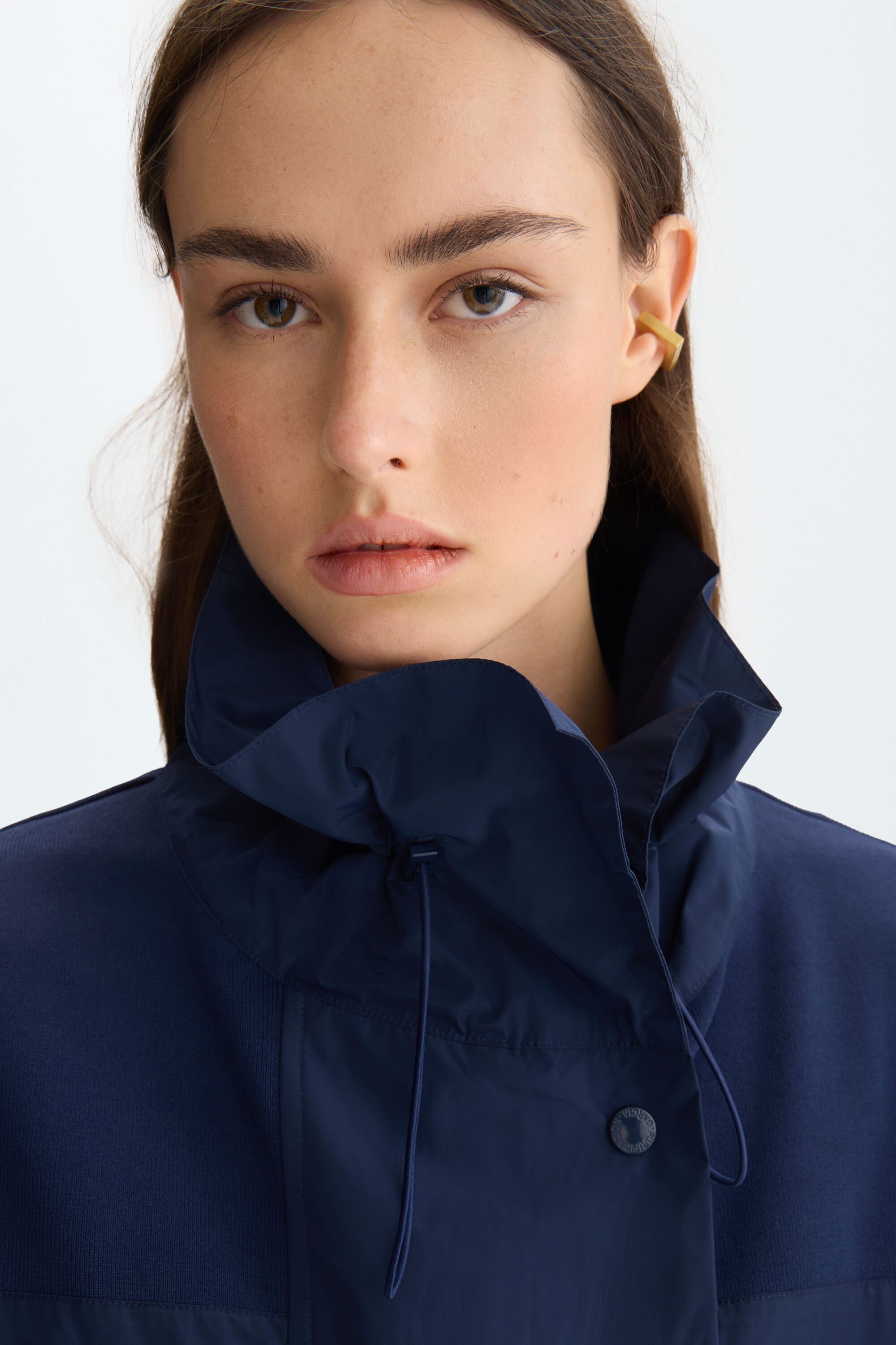Stretch-knit technical A-line short jacket navy - Purificacion