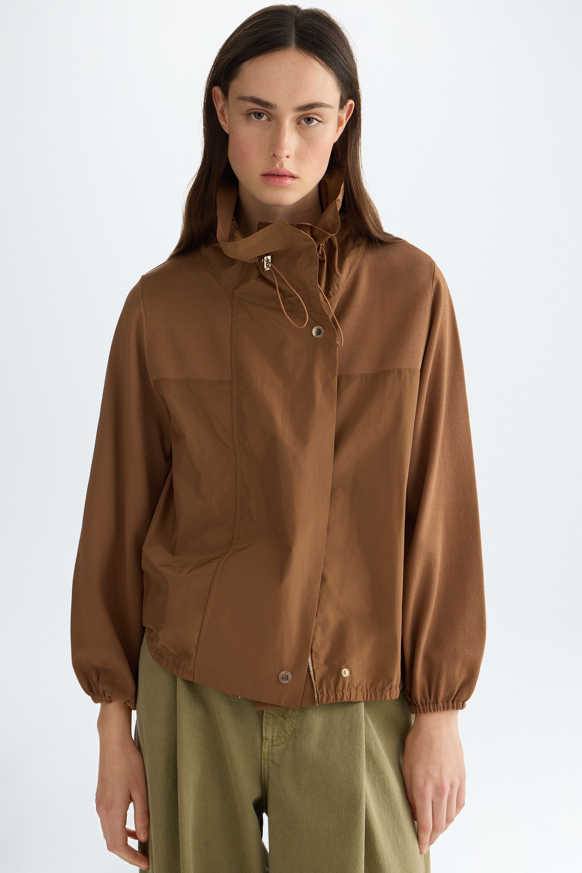 Stretch-knit technical A-line short jacket