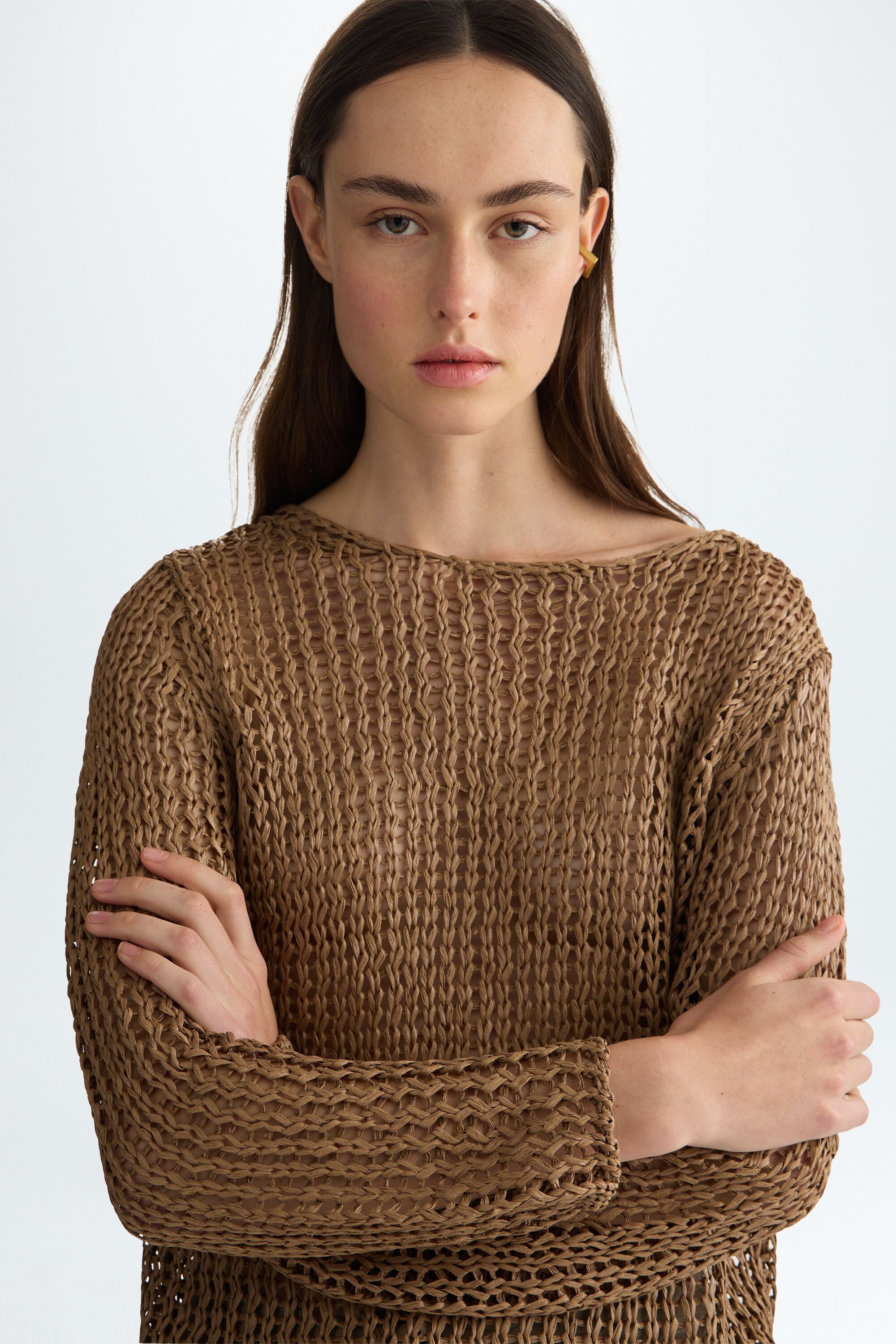 Paper tape straight-fit sweater tobacco brown - Purificacion