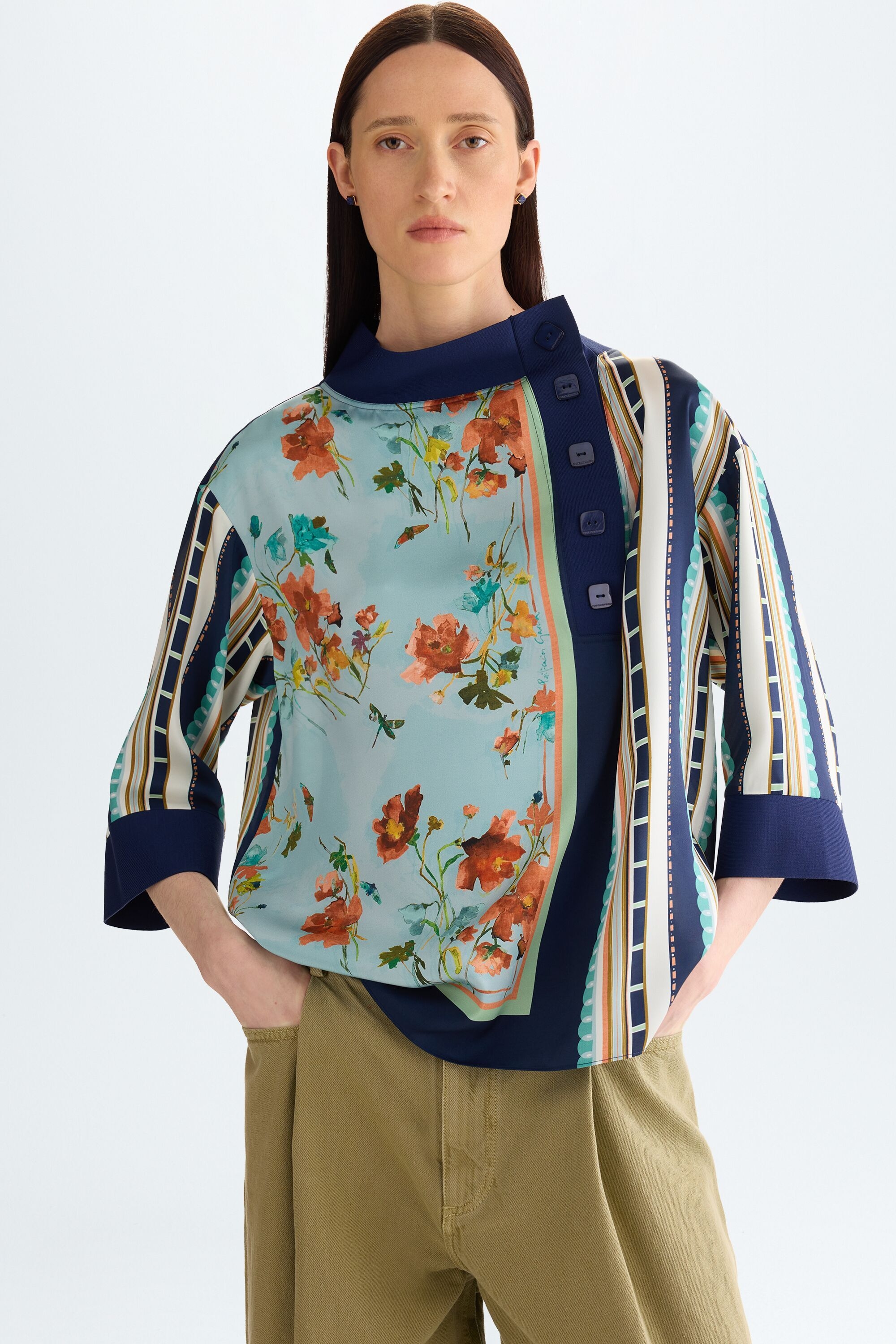 Print twill stretch knit oversize blouse